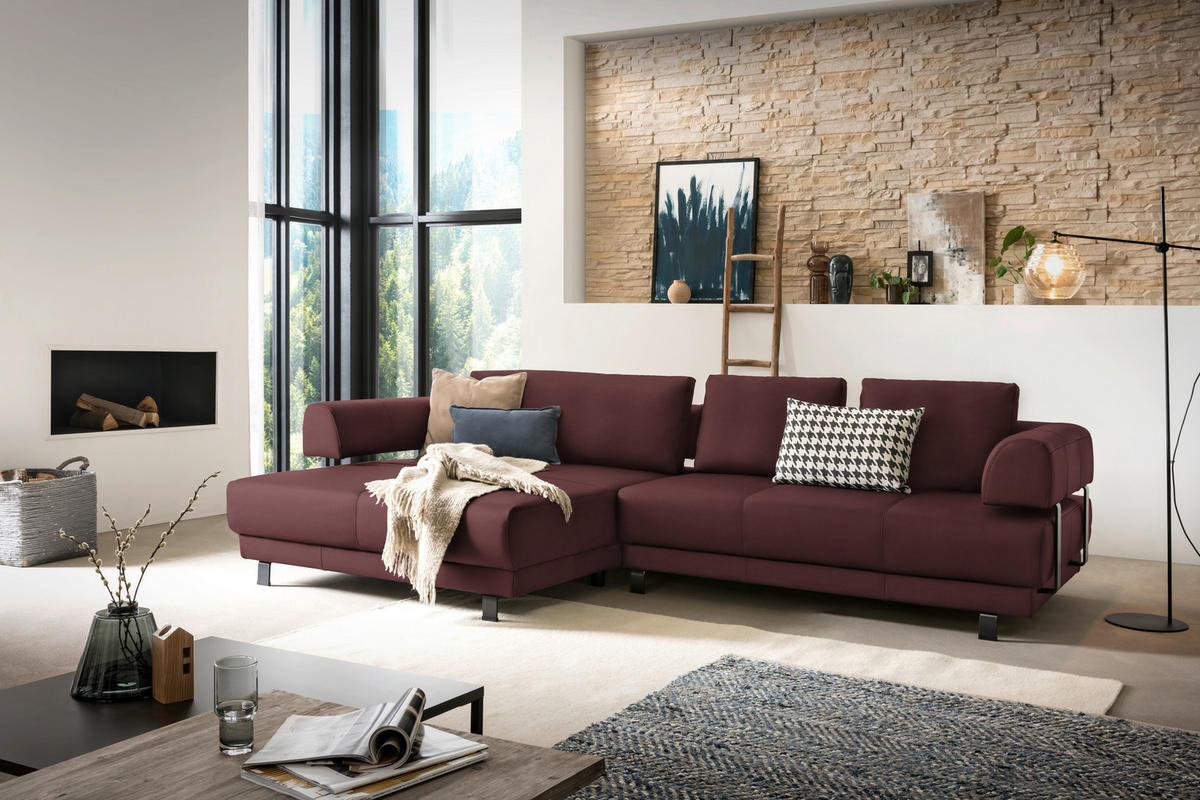 ECKSOFA  in Echtleder Bordeaux  188/307 cm  - Bordeaux/Schwarz, Design, Leder/Metall (188/307cm)