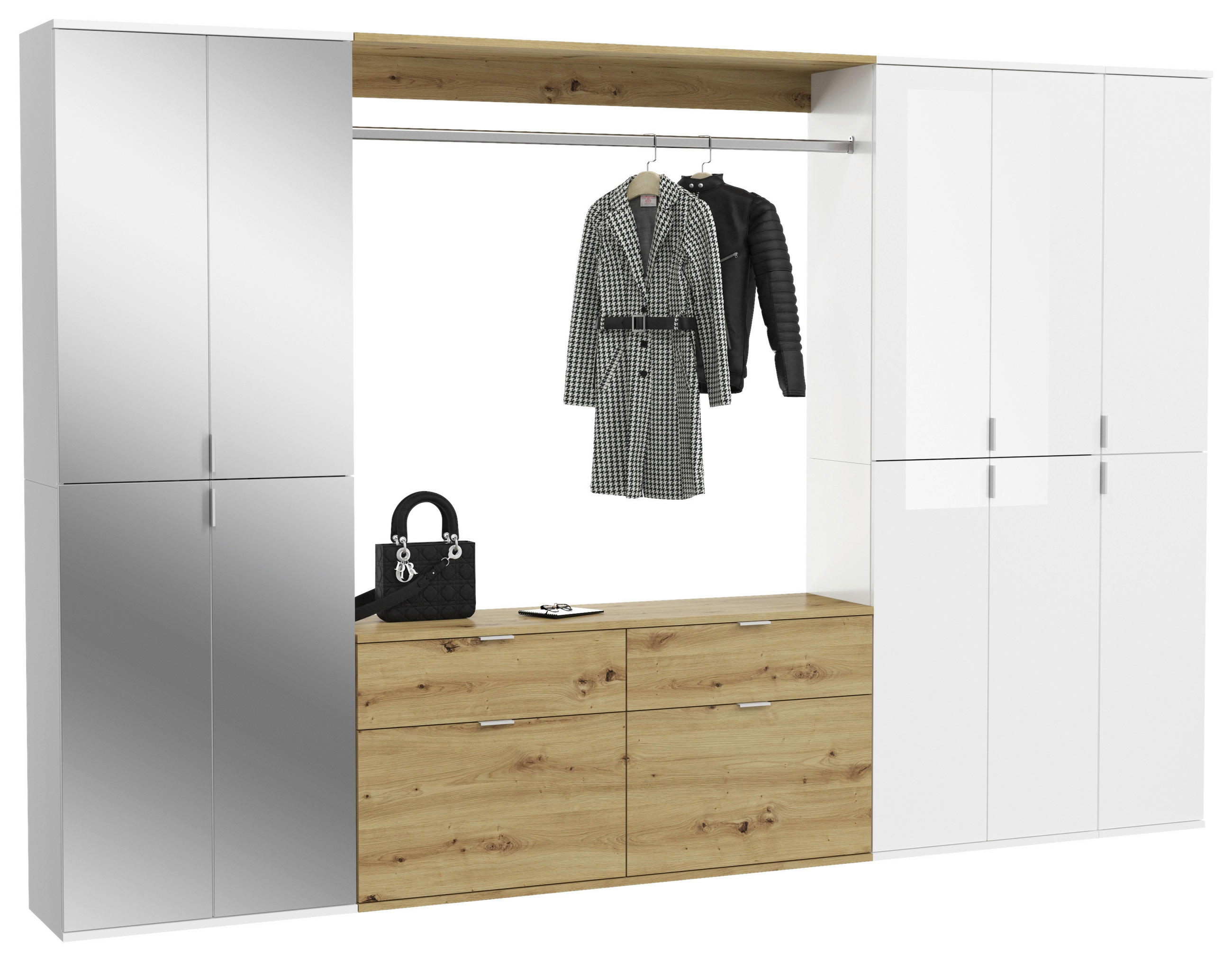 GARDEROBE 4-teilig  in 273/193/34 cm  - Weiß Hochglanz, KONVENTIONELL, Glas/Holzwerkstoff (273/193/34cm) - MID.YOU