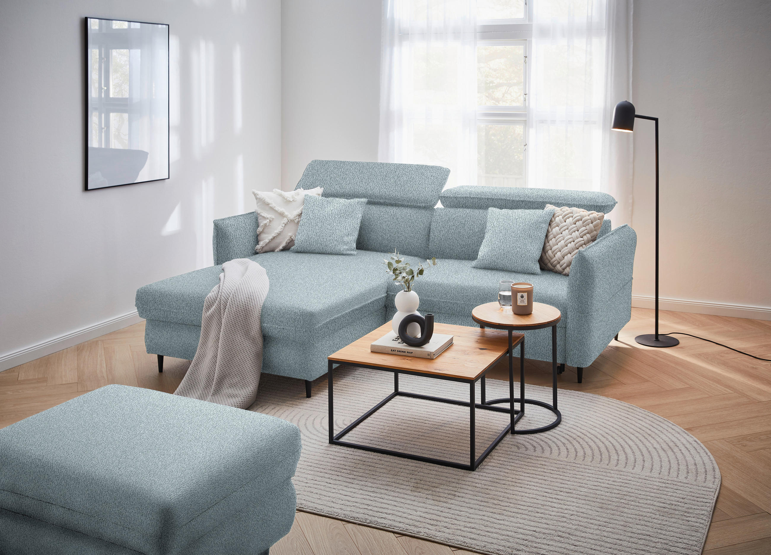 ECKSOFA inkl. Funktionen Graublau Flachgewebe  - Graublau/Schwarz, Design, Holz/Textil (185/232cm) - Stylife