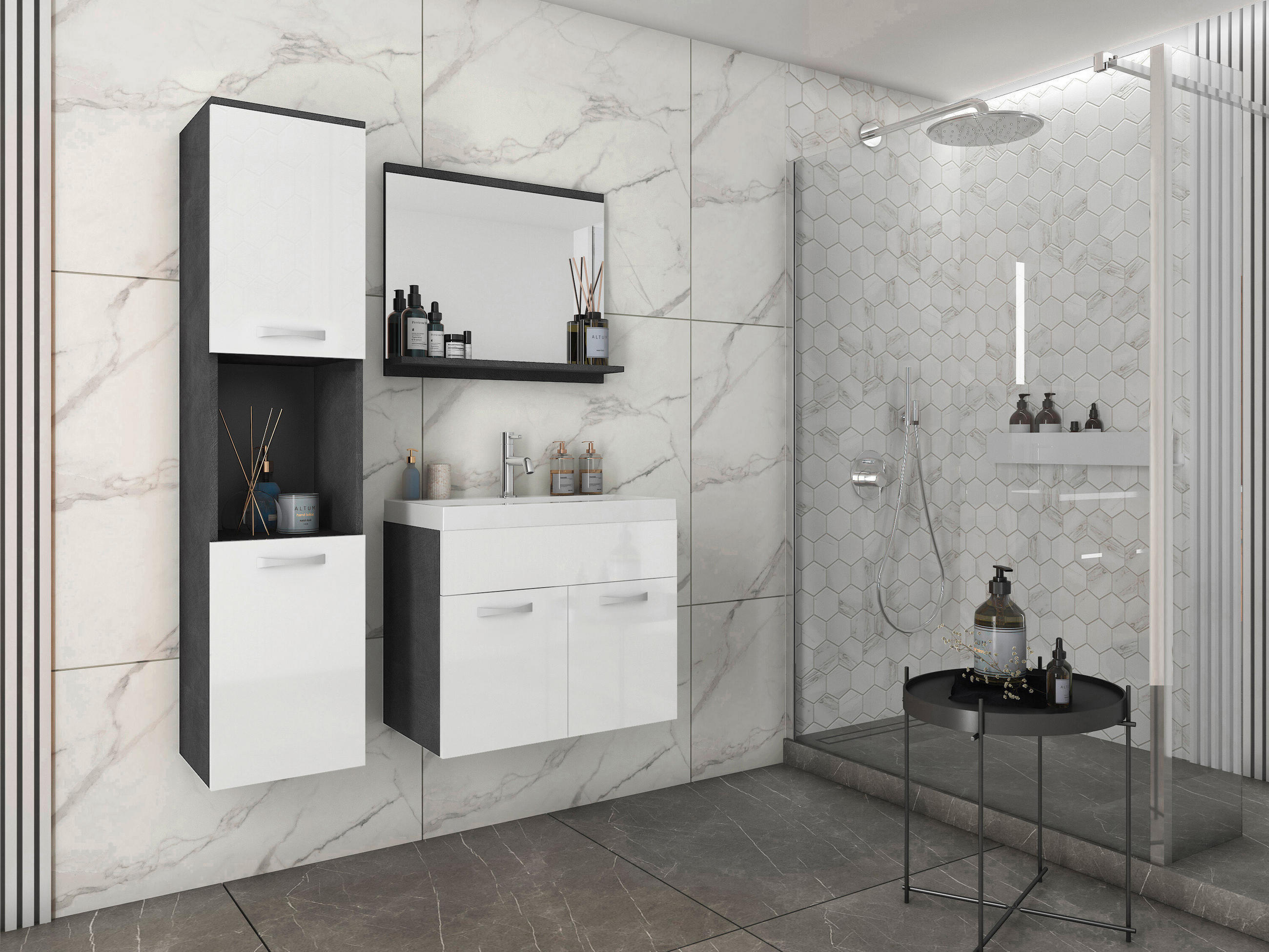 SALLE DE BAIN 4-teilig  in 90 cm  - chêne wotan/blanc haute brillance, Lifestyle, métal/matériau de bois (90cm) - P & B