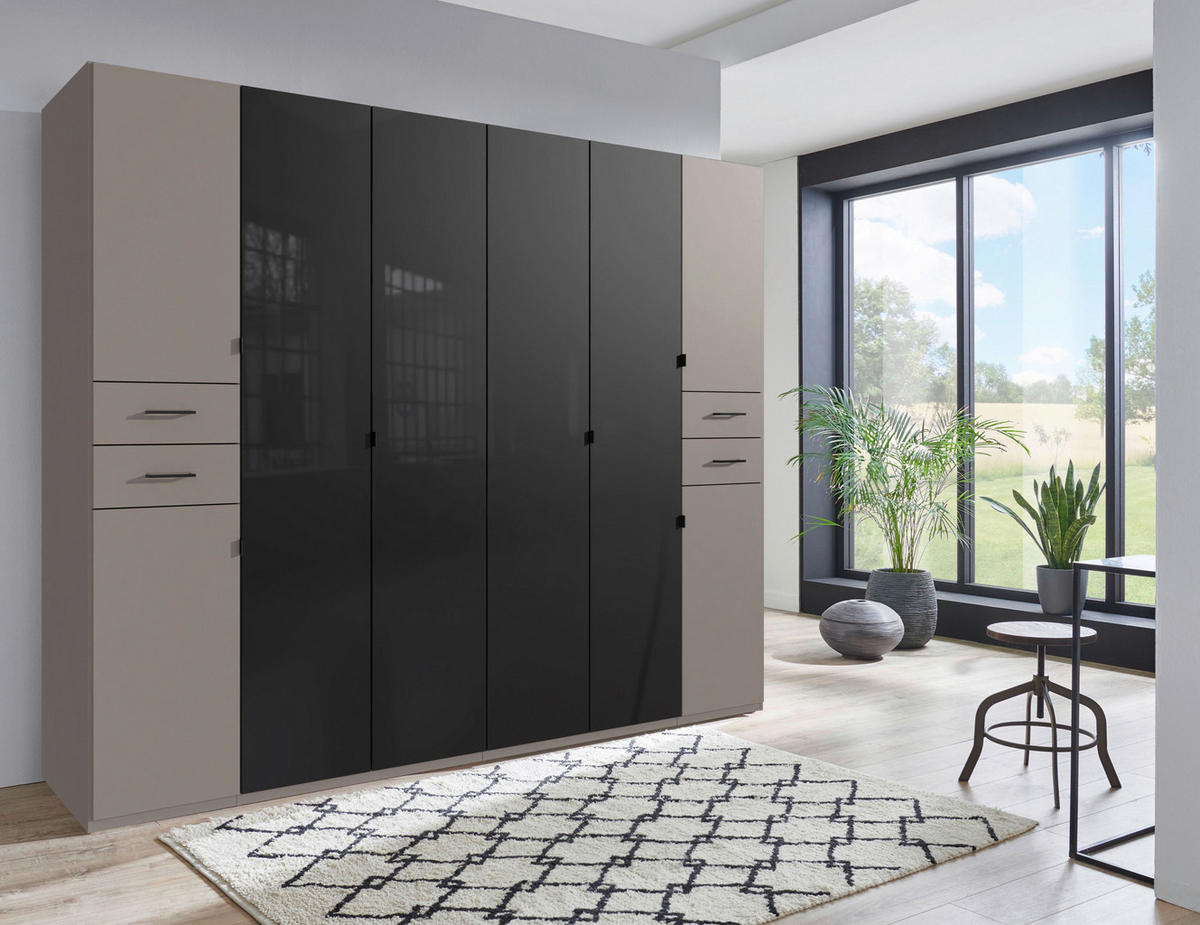 KLEIDERSCHRANK 270/208/58 cm 8-türig Grau, Schwarz  - Schwarz/Grau, KONVENTIONELL, Glas/Holzwerkstoff (270/208/58cm) - Boxxx