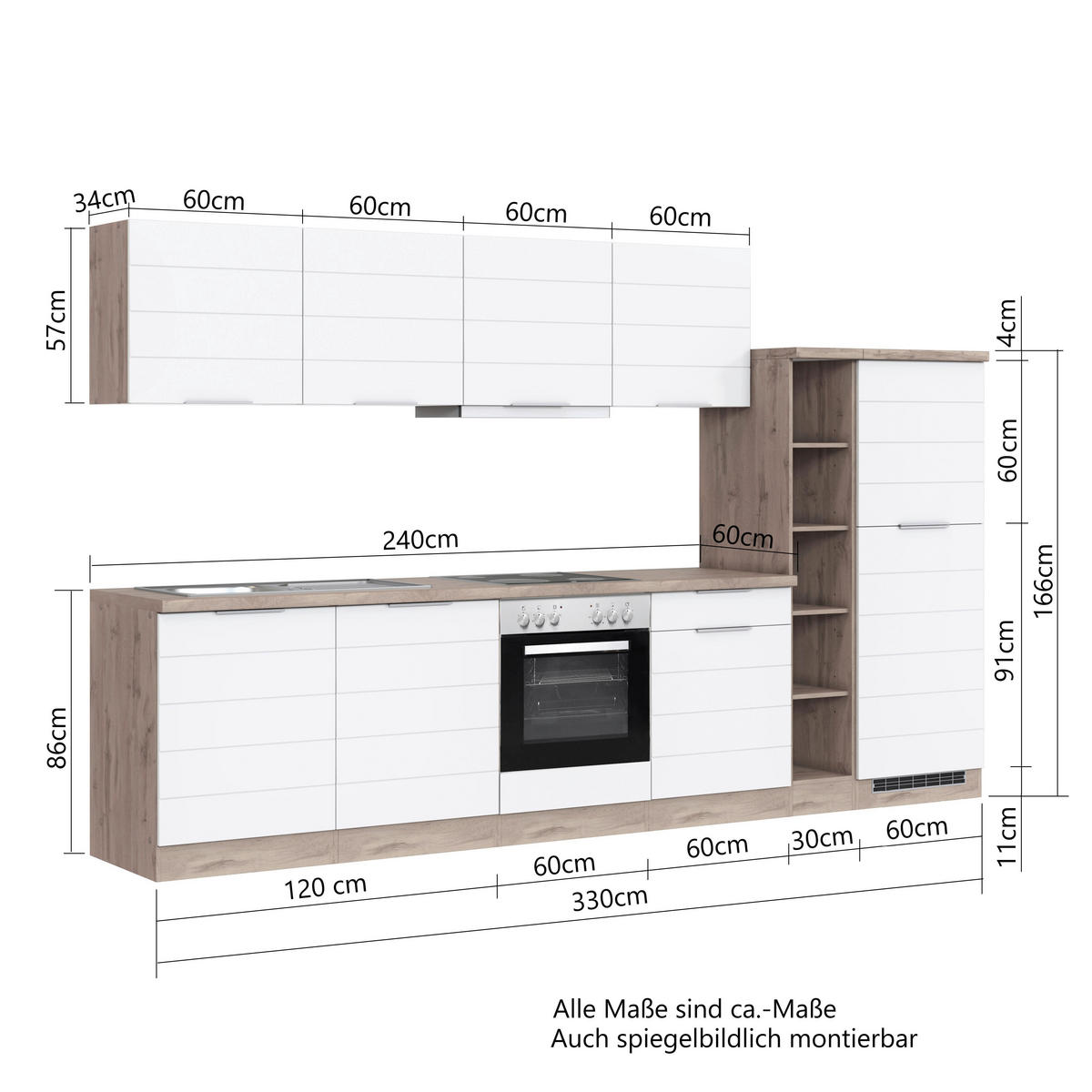 KÜCHENLEERBLOCK 330 cm   in Weiss, Eiche Wotan  - Weiss/Eiche Wotan, Design, Holzwerkstoff/Metall (330cm) - Held