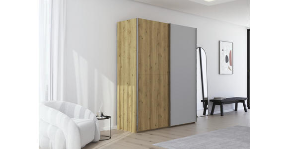SCHWEBETÜRENSCHRANK 180/223/68 cm 2-türig Eichefarben, Chromfarben, Hellgrau  - Chromfarben/Eichefarben, Design, Glas/Holz (180/223/68cm) - Novel