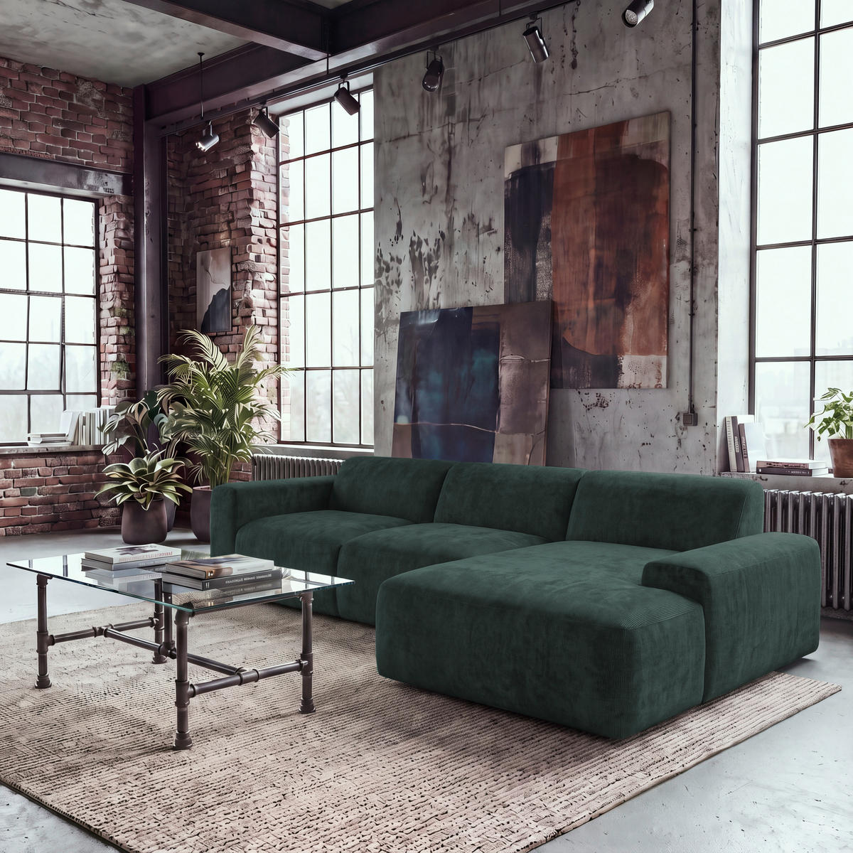 ECKSOFA HANNAH Grün Cord  - Schwarz/Grün, Design, Kunststoff/Textil (343/170cm) - MID.YOU