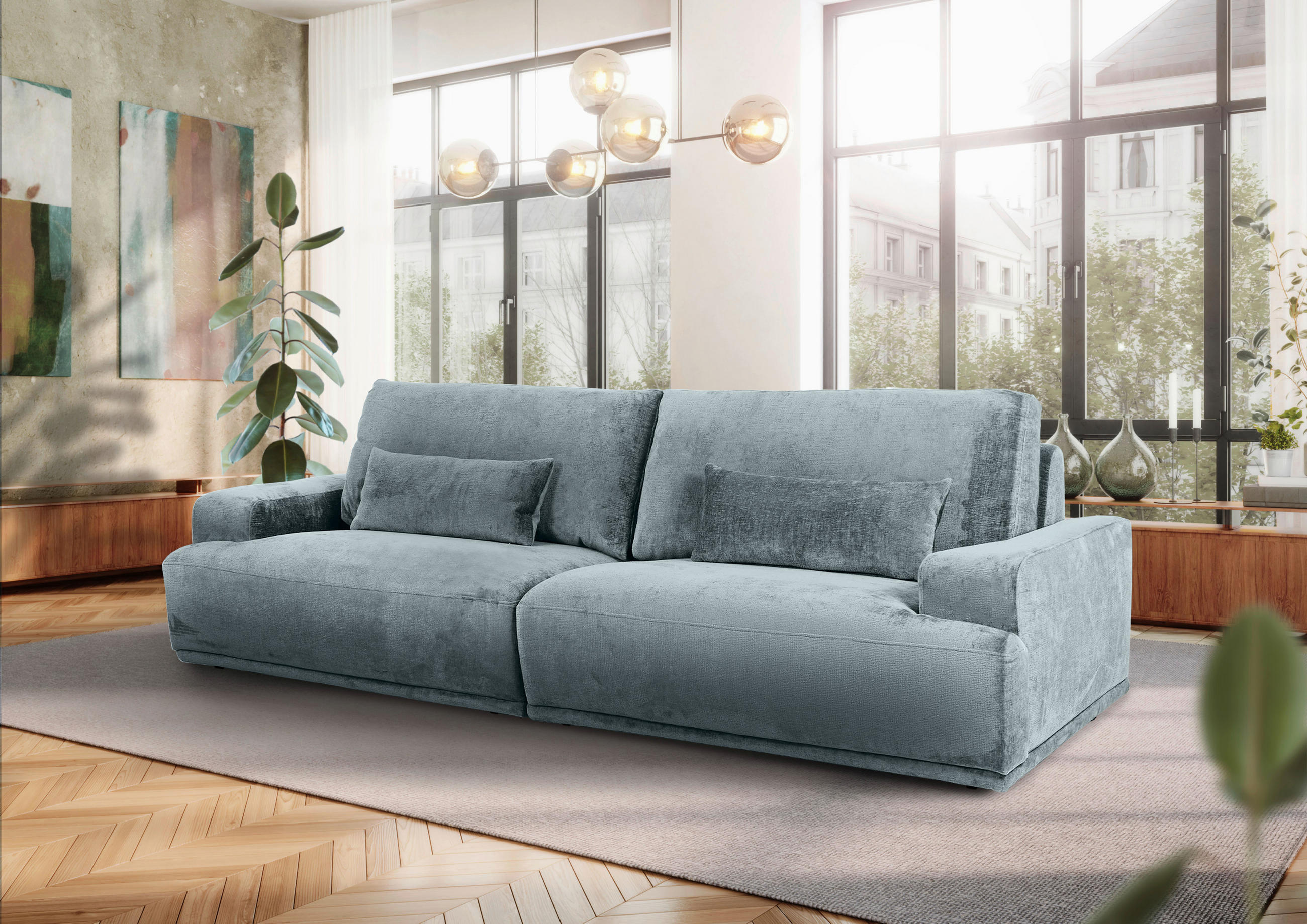 BIGSOFA Chenille Hellblau  - Schwarz/Hellblau, KONVENTIONELL, Kunststoff/Textil (282/73/115cm) - Carryhome