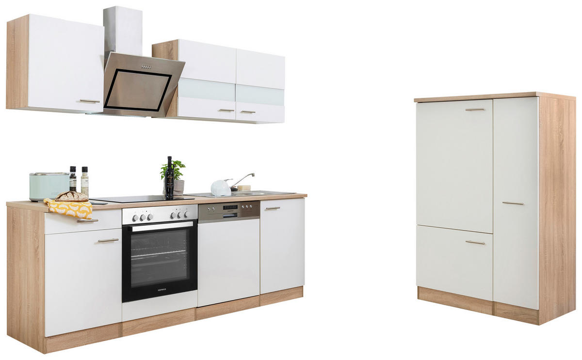 KÜCHENBLOCK 310 cm   in Weiß  - Edelstahlfarben/Eichefarben, Basics, Holzwerkstoff/Metall (310cm) - Respekta