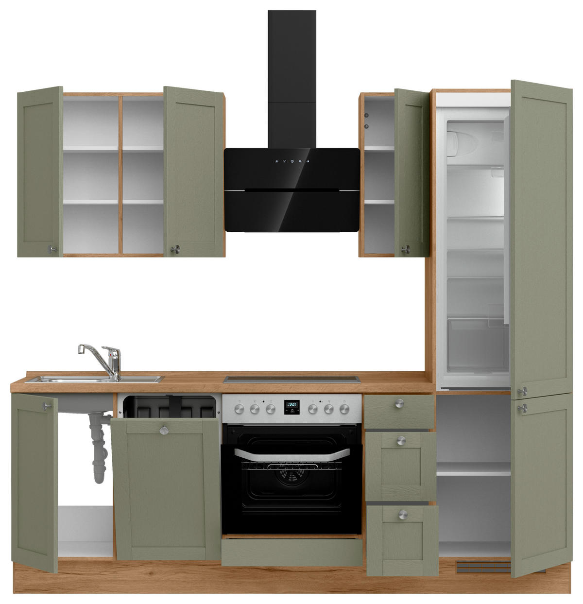 KÜCHENBLOCK Frame 240 cm  in Eichefarben, Olivgrün  - Edelstahlfarben/Eichefarben, MODERN, Holzwerkstoff/Metall (240cm) - Nobilia