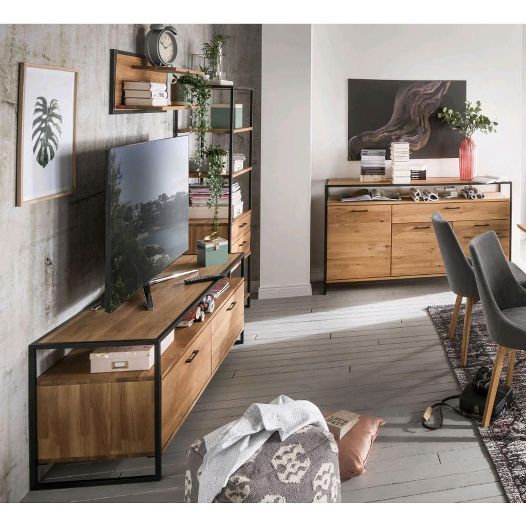 Thumbnail - Linea Natura Tv-Element, Eiche, Holz, Wildeiche, massiv, Hartholz, 2 Fächer, 175x60x52 cm, Kabeldurchlass, Holzmöbel