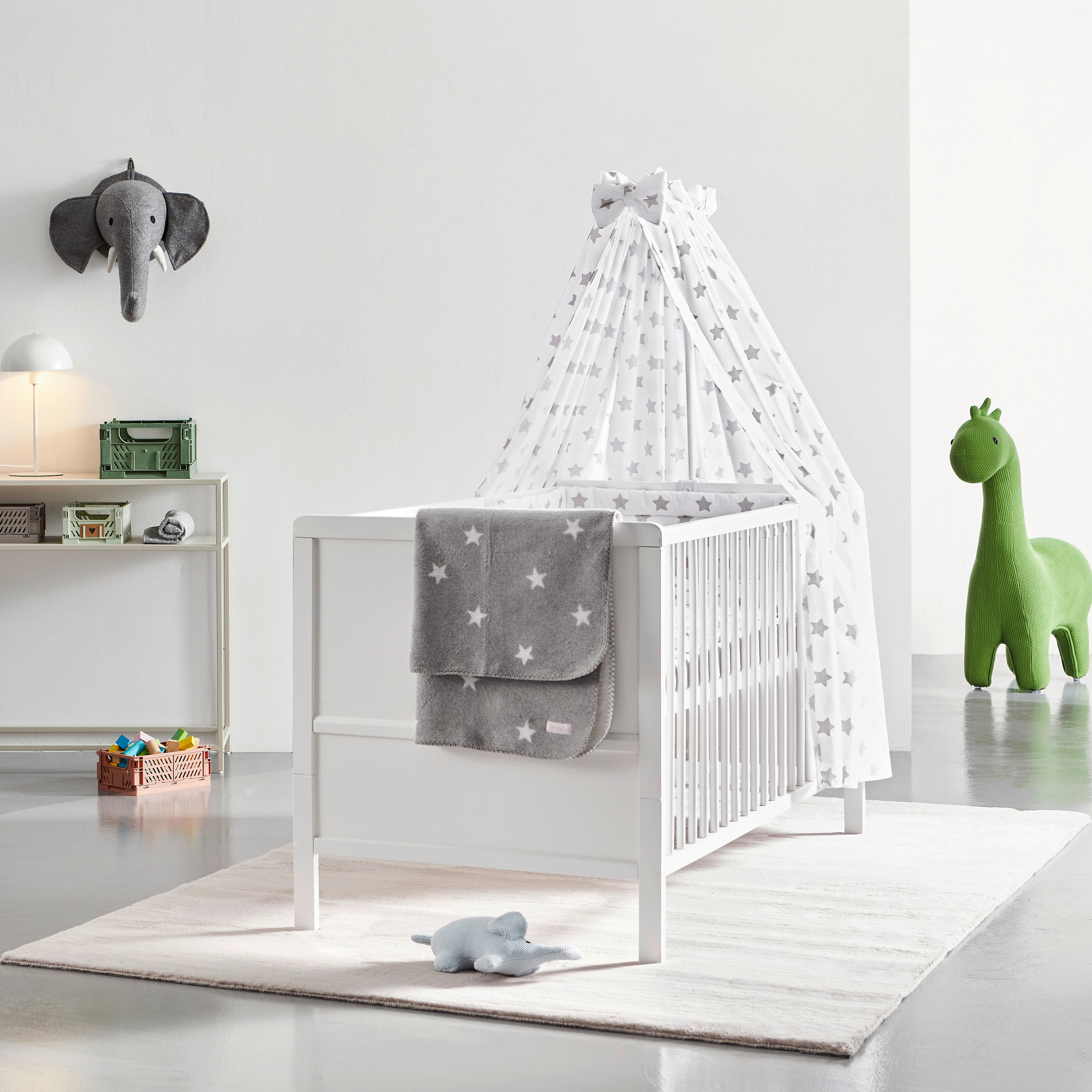 GITTERBETT-KOMPLETTSET Star 144,5/74,5/82 cm - Weiß/Grau, LIFESTYLE, Holz/Textil (144,5/74,5/82cm) - My Baby Lou