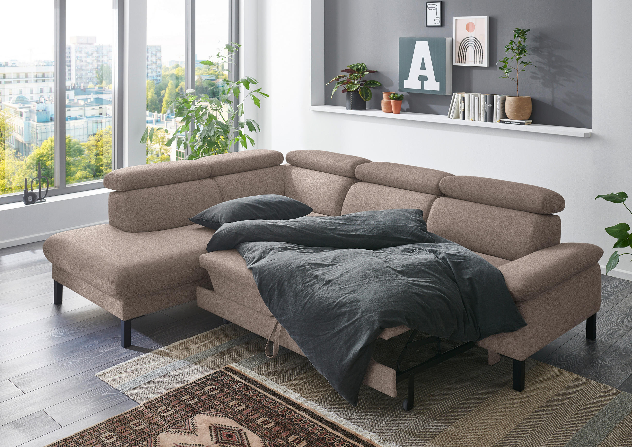 ECKSOFA in Flachgewebe Taupe  - Taupe/Schwarz, Design, Holzwerkstoff/Textil (217/272cm) - Pure Home Comfort