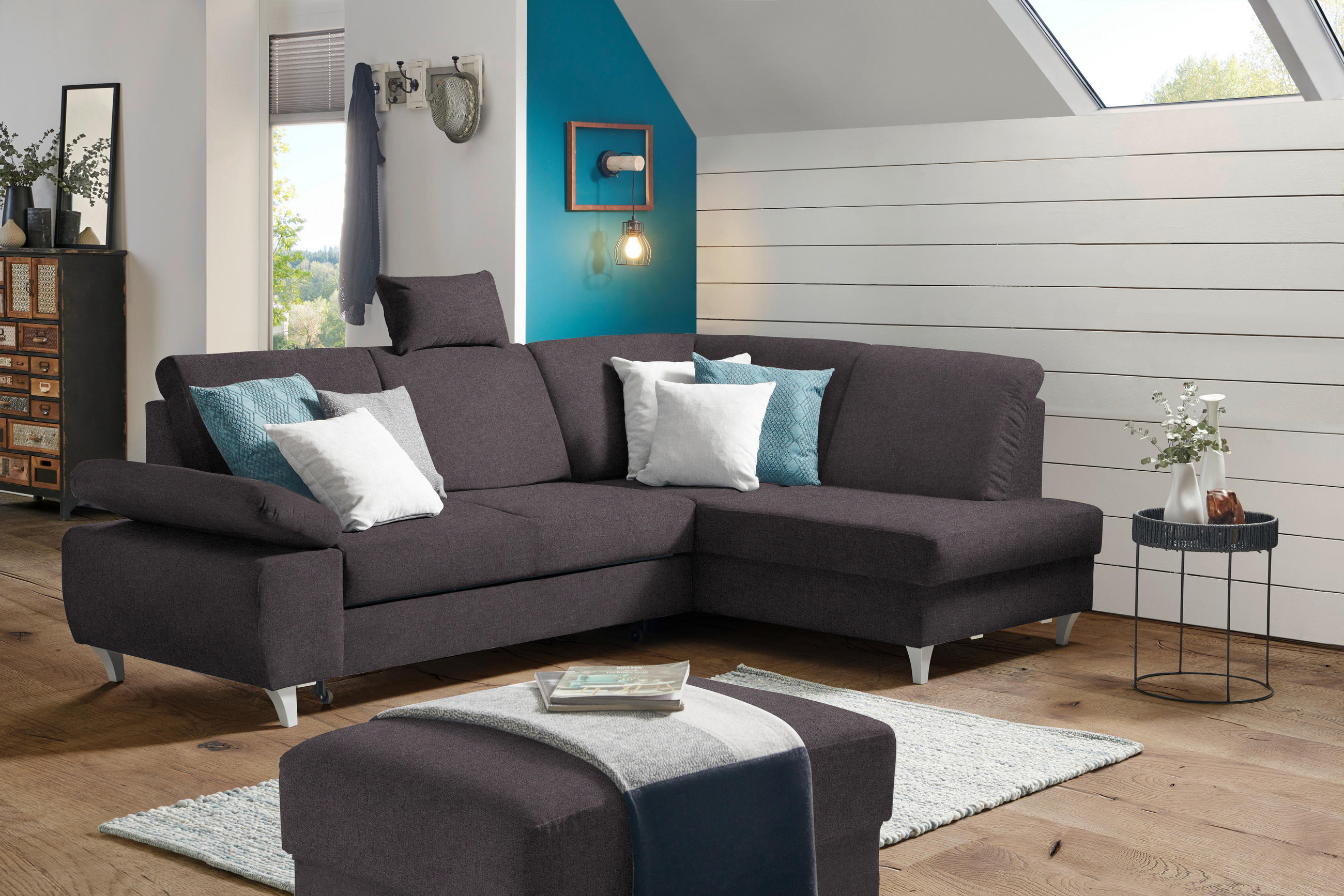 ECKSOFA in Flachgewebe Graubraun  - Graubraun/Silberfarben, Konventionell, Holz/Textil (255/186cm) - Cantus
