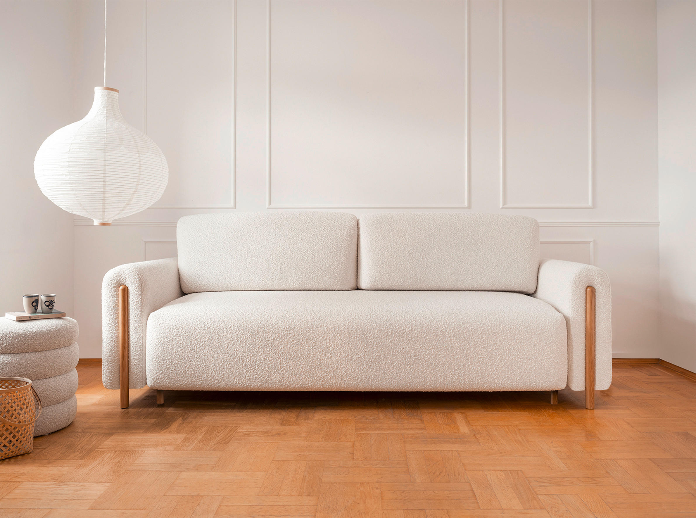SCHLAFSOFA in Bouclé Creme, Naturfarben  - Eichefarben/Creme, Design, Holz/Textil (244/97/97cm) - MID.YOU