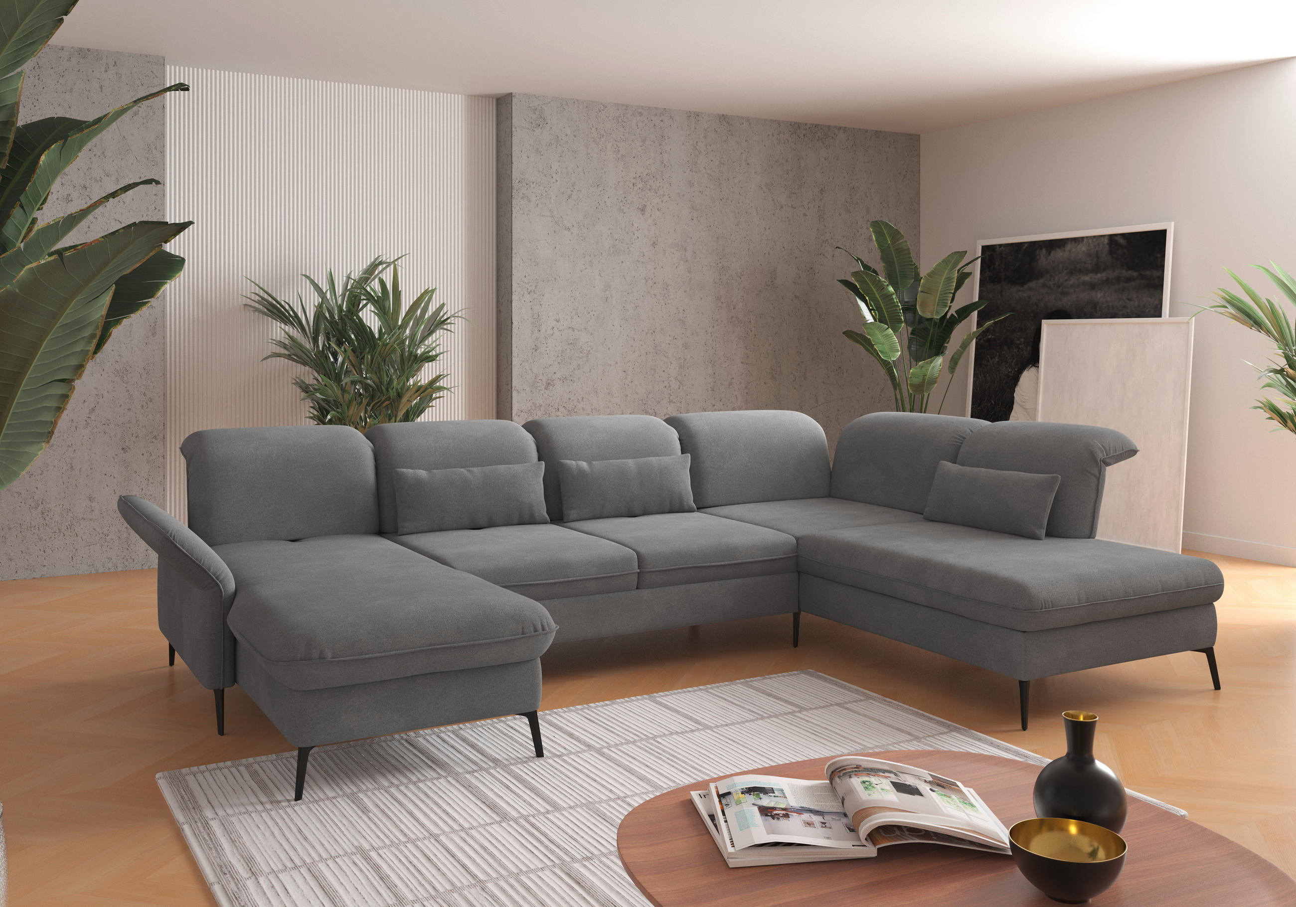 WOHNLANDSCHAFT in Flachgewebe Grau  - Schwarz/Grau, Konventionell, Textil/Metall (198/359/231cm) - Sit & More
