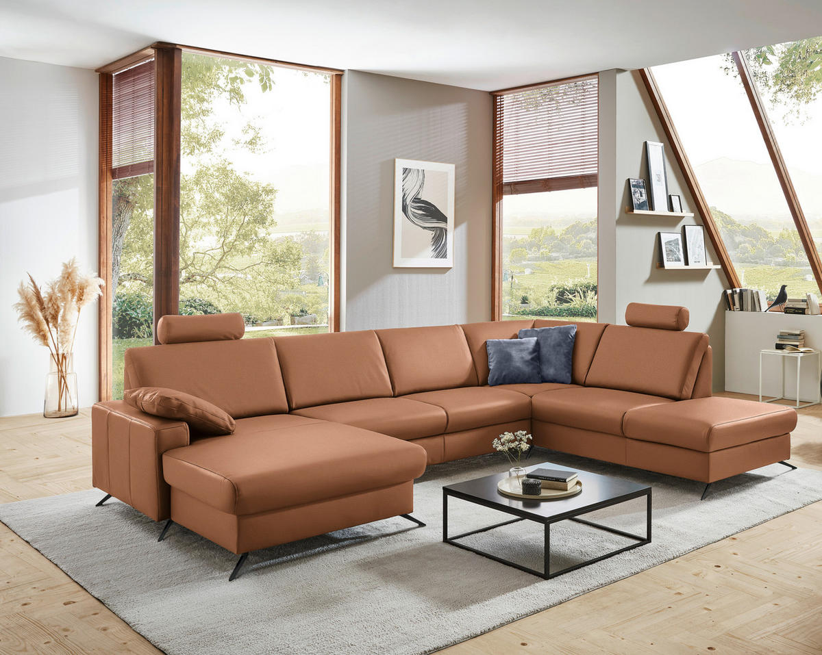 WOHNLANDSCHAFT in Echtleder Beigebraun  - Beigebraun/Schwarz, Design, Leder/Metall (165/339/233cm) - Beldomo Premium