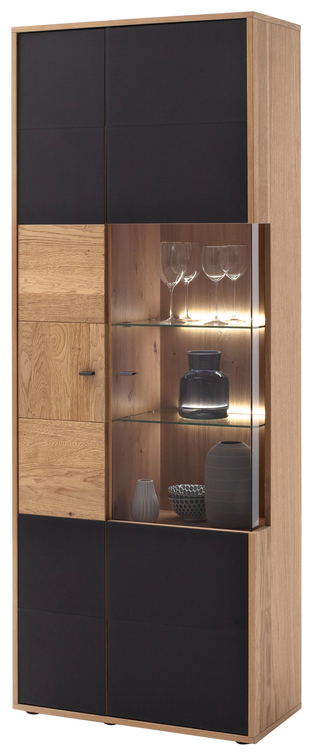 VITRINE  in furniert, massiv Balkeneiche Anthrazit, Eiche Bianco - Eiche Bianco/Anthrazit, Design, Glas/Holz (79/207/37cm) - MID.YOU