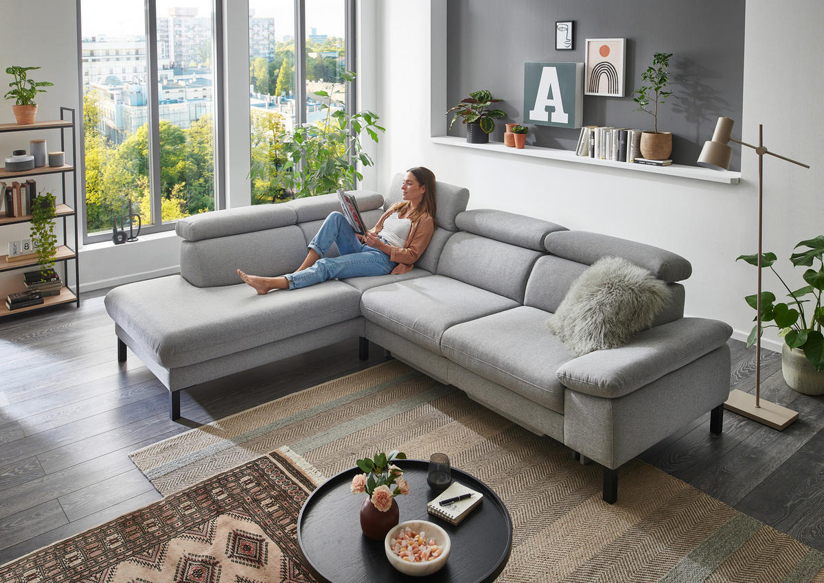 ECKSOFA in Flachgewebe Hellgrau  - Hellgrau/Schwarz, Design, Holzwerkstoff/Textil (217/272cm) - Pure Home Comfort