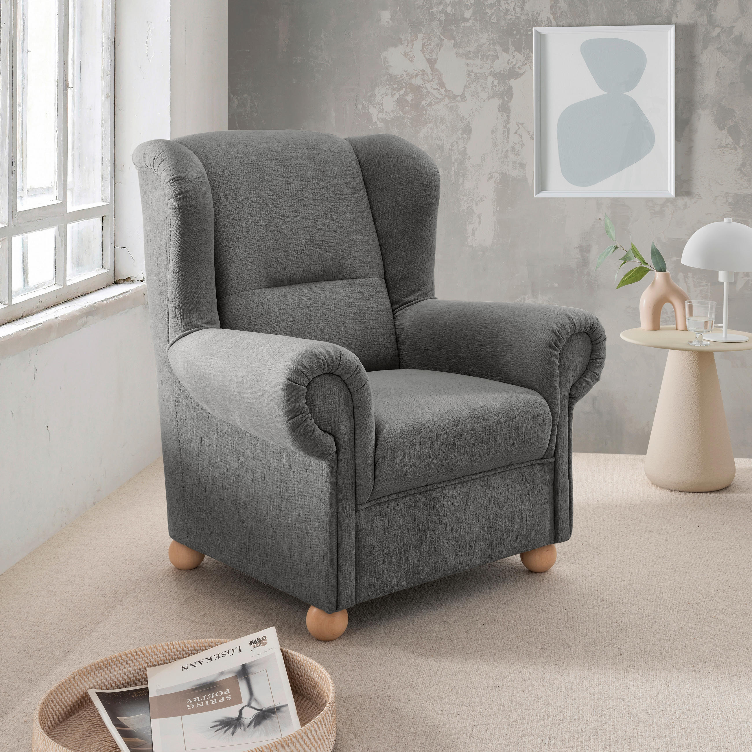 OHRENSESSEL Mikrofaser Graubraun  - Wildeiche/Graubraun, KONVENTIONELL, Holz/Textil (92/102/89cm) - Livetastic