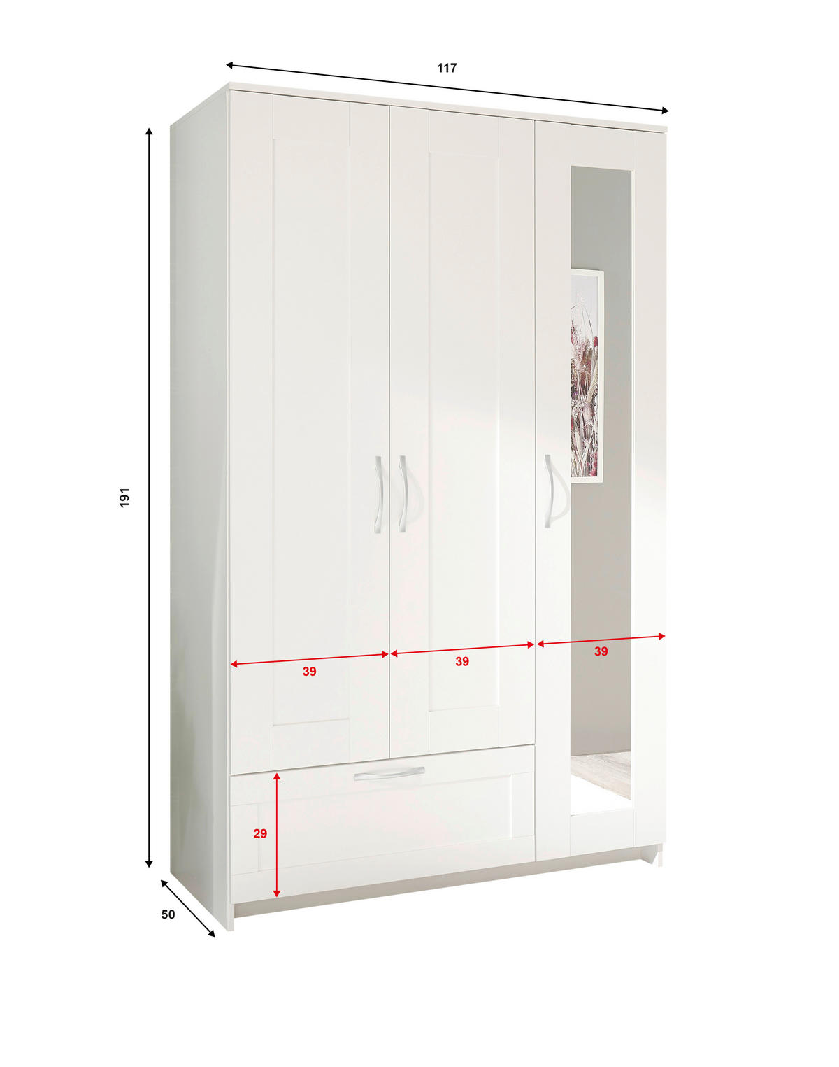 KLEIDERSCHRANK 117/191/50 cm 3-türig Weiß  - Alufarben/Weiß, KONVENTIONELL, Glas/Holzwerkstoff (117/191/50cm) - Boxxx