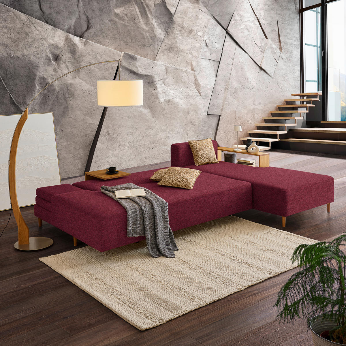 ECKSOFA in Flachgewebe Rot  - Eichefarben/Rot, Design, Holz/Textil (307/190cm) - Joka