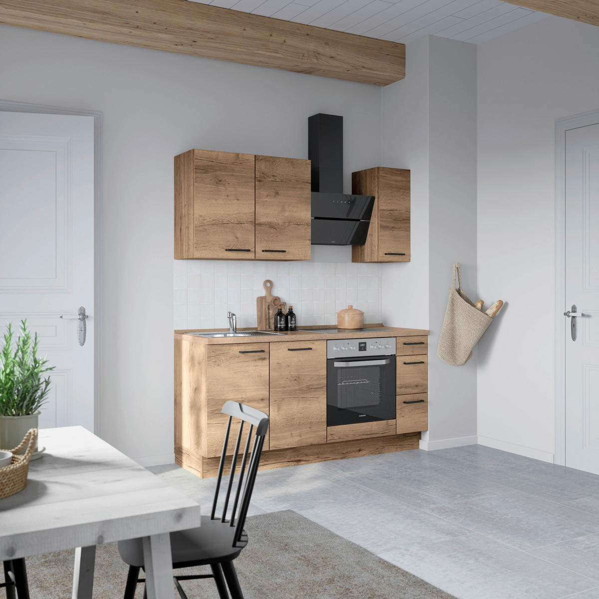 BUCĂTĂRIE FĂRĂ ELECTROCASNICE  - stejar închis la culoare/negru, Modern, metal/material pe bază de lemn (180cm) - Nobilia