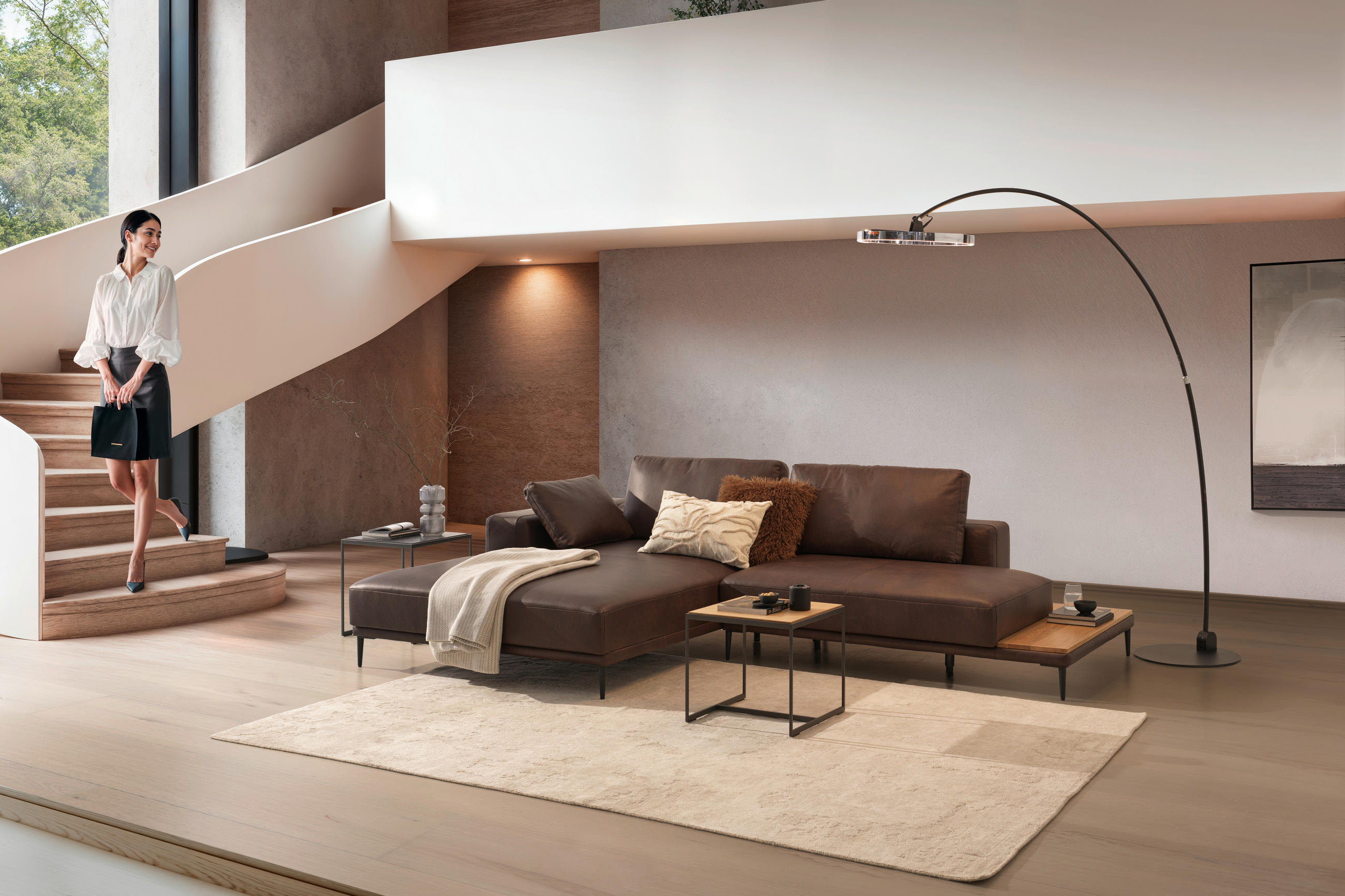ECKSOFA in Echtleder Dunkelbraun  - Dunkelbraun/Schwarz, Design, Leder/Metall (201/304cm) - Emilio Belluti