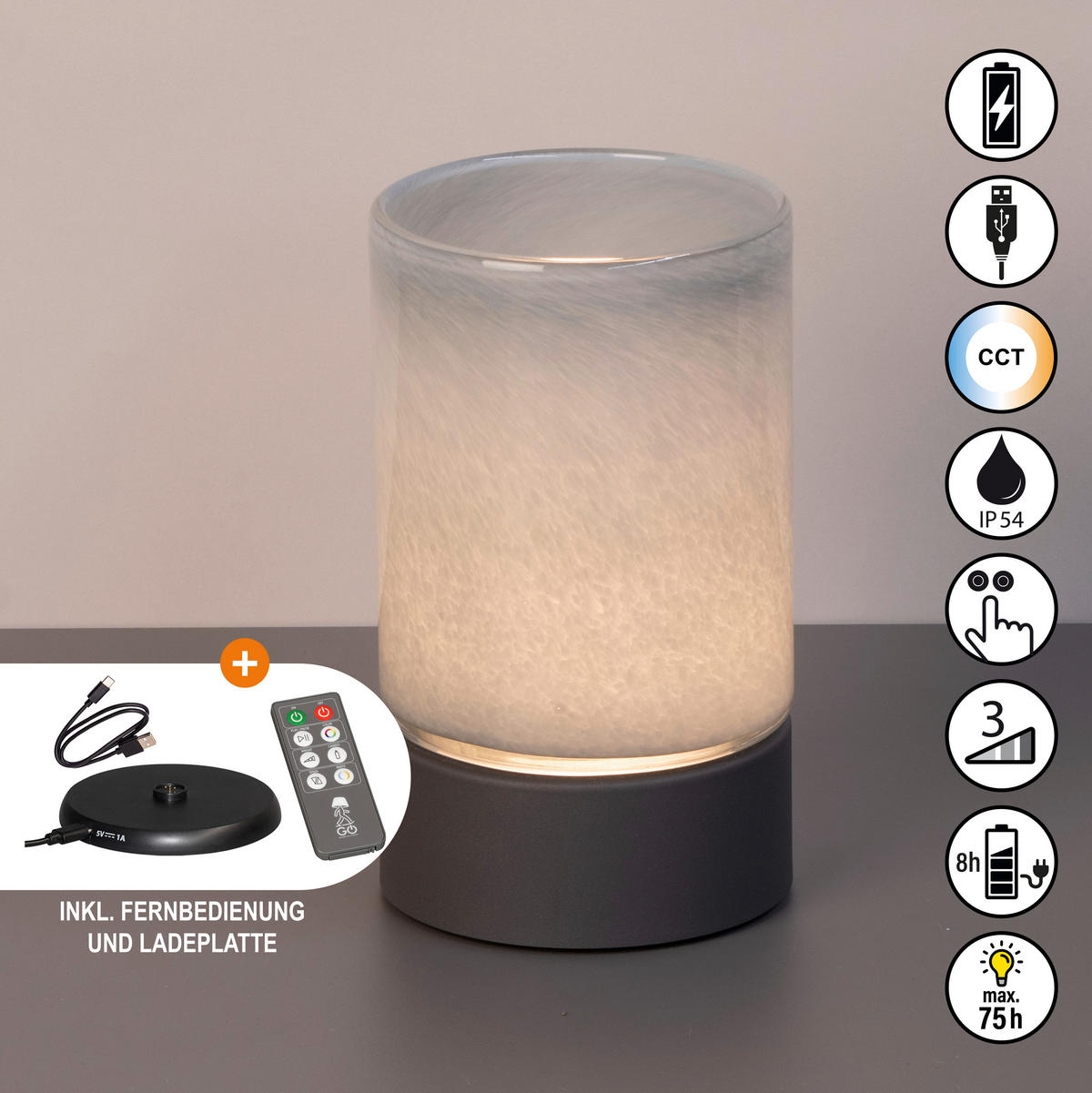 AKKU-TISCHLEUCHTE Ariva Pro 12/20 cm  - Hellgrau/Grau, Design, Glas/Metall (12/20cm)