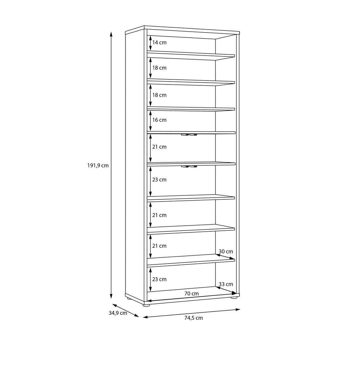 SCHUHSCHRANK Eichefarben  - Eichefarben/Grau, MODERN, Holzwerkstoff/Kunststoff (74,5/191.9/34,9cm) - Carryhome