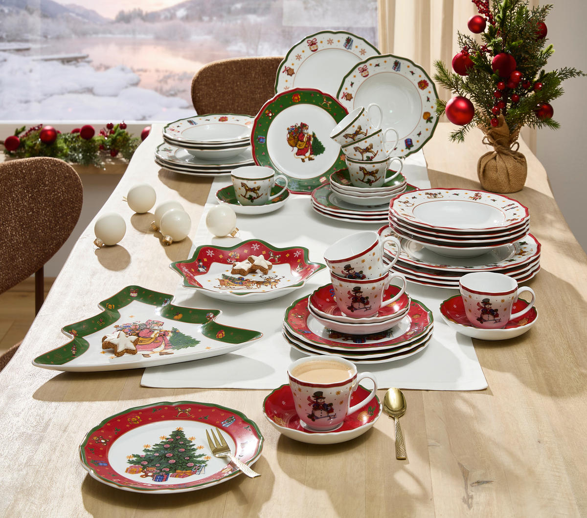 KAFFESERVIS 12 delar  - vit/röd, Klassisk, keramik - X-Mas