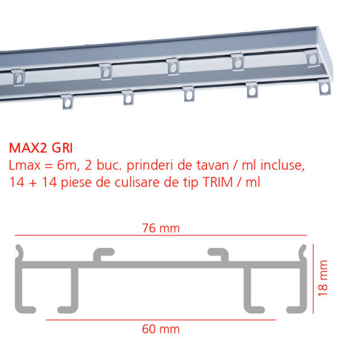 șINĂ PENTRU PERDEA 300 cm  - gri deschis, Basics, metal (300cm)