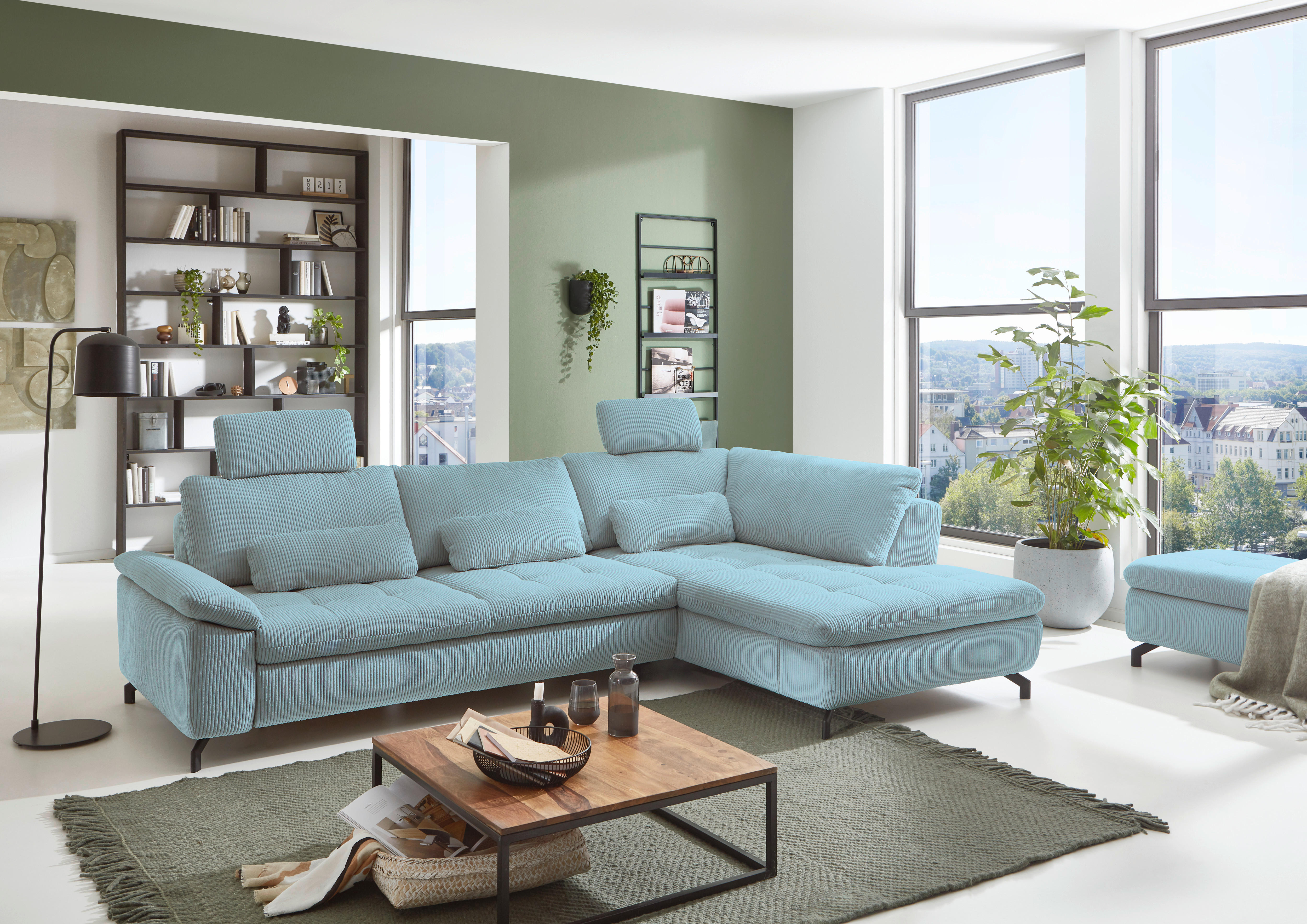ECKSOFA Sense Hellblau Cord, Velours  - Schwarz/Hellblau, Design, Textil/Metall (291/197cm) - Beldomo Style