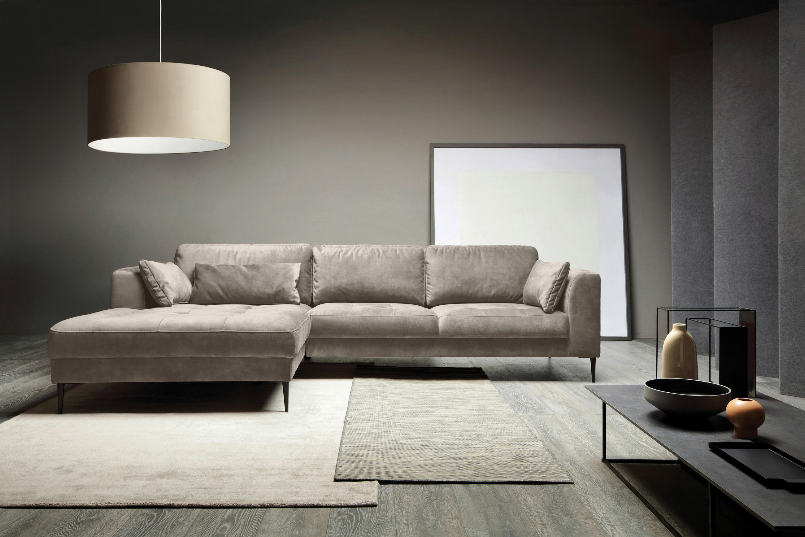 ECKSOFA LUZI Hellgrau Mikrofaser  - Hellgrau/Schwarz, MODERN, Textil (168/280cm) - Trendmanufaktur