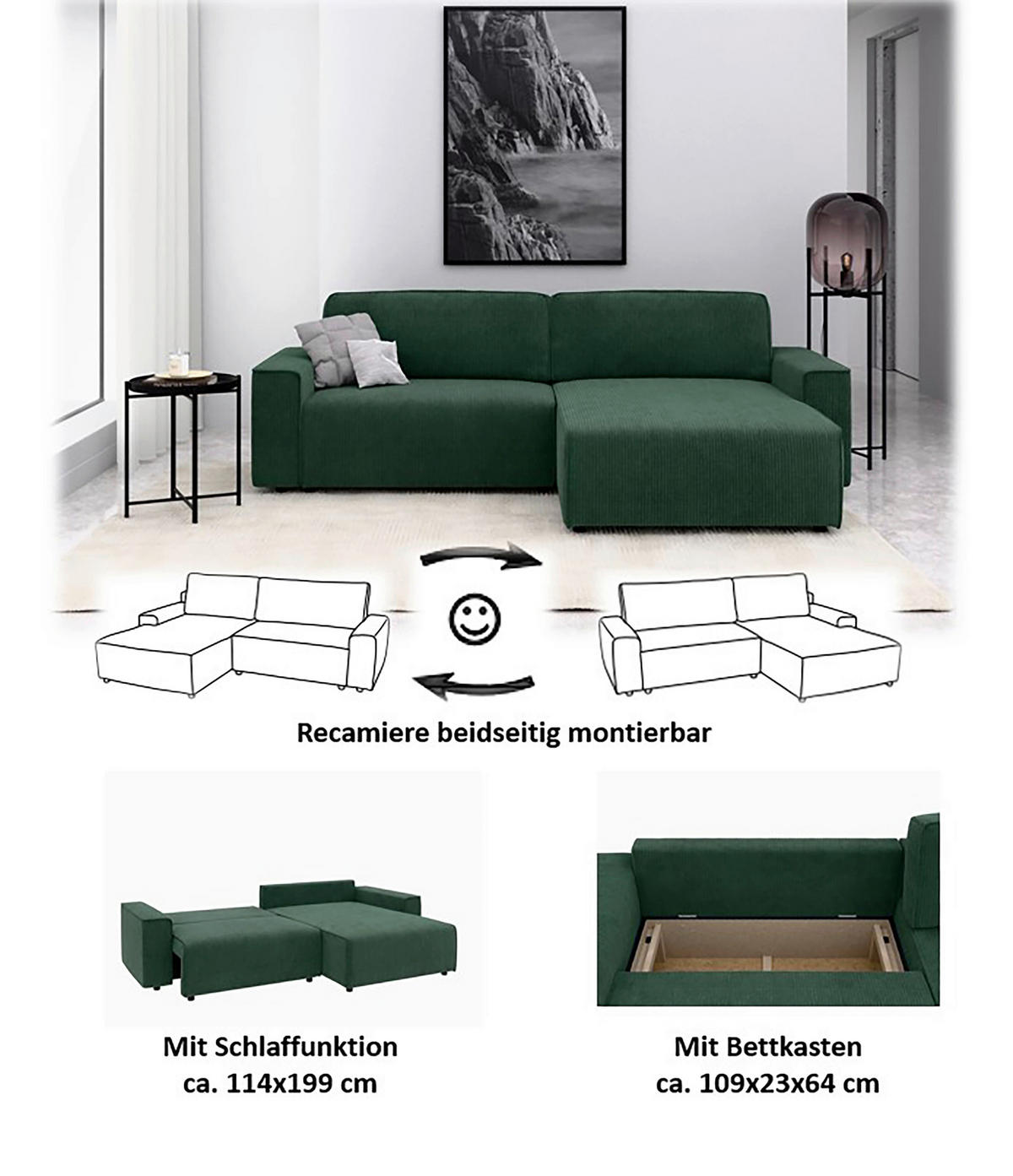 ECKSOFA in Cord Dunkelgrün  - Dunkelgrün/Schwarz, Modern, Kunststoff/Textil (265/164cm) - Trendmanufaktur