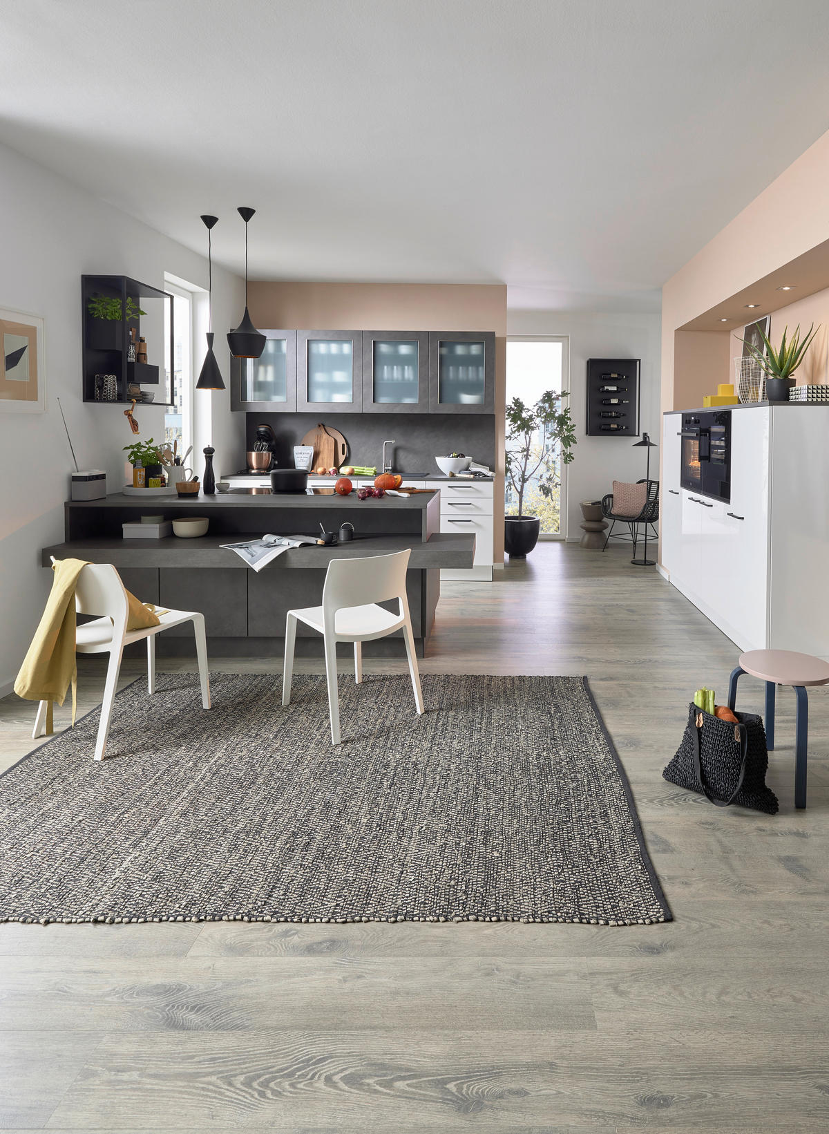 EINBAUKÜCHE L16  - Weiß Hochglanz/Grau, Design, Holzwerkstoff - Dieter Knoll