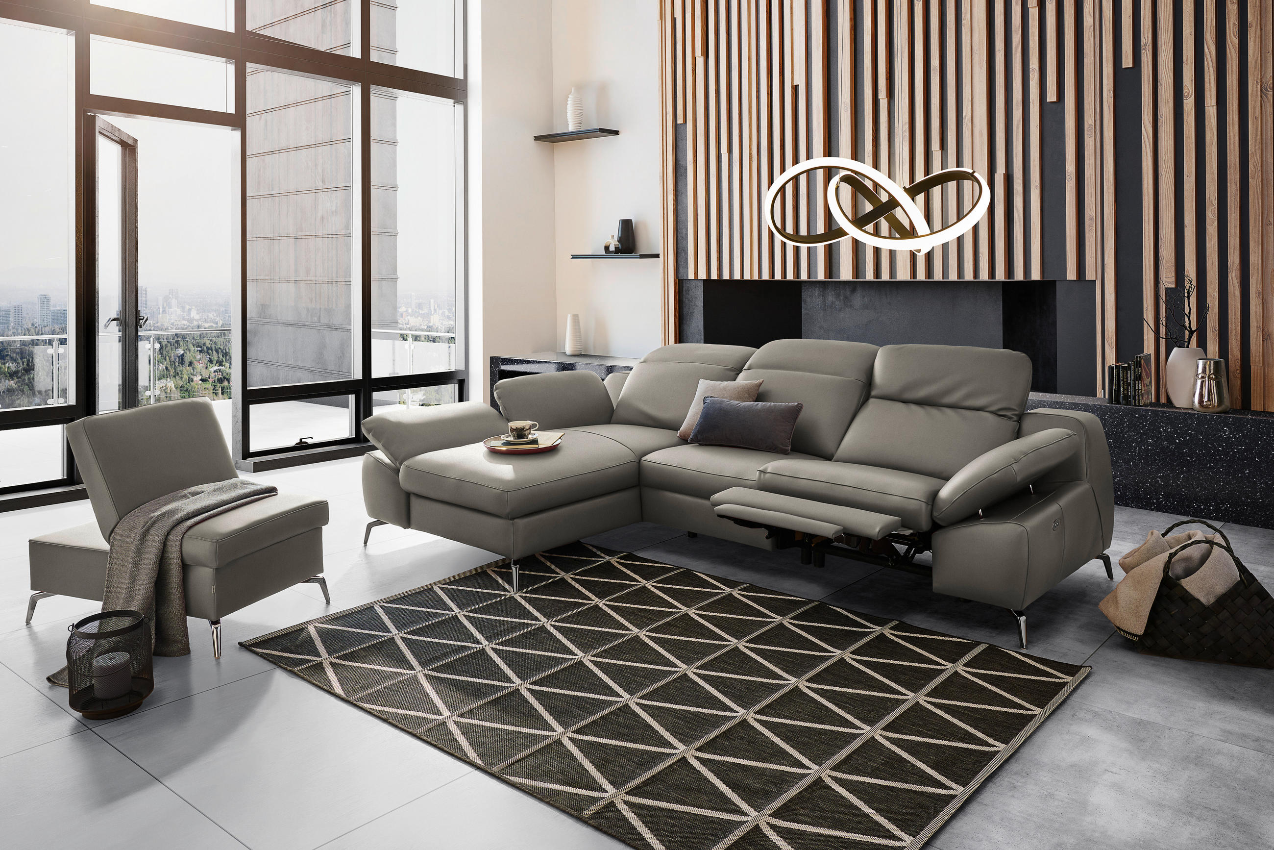 ECKSOFA in Echtleder Graubraun  183/286 cm  - Graubraun/Schwarz, Design, Leder/Metall (183/286cm) - Celina Home