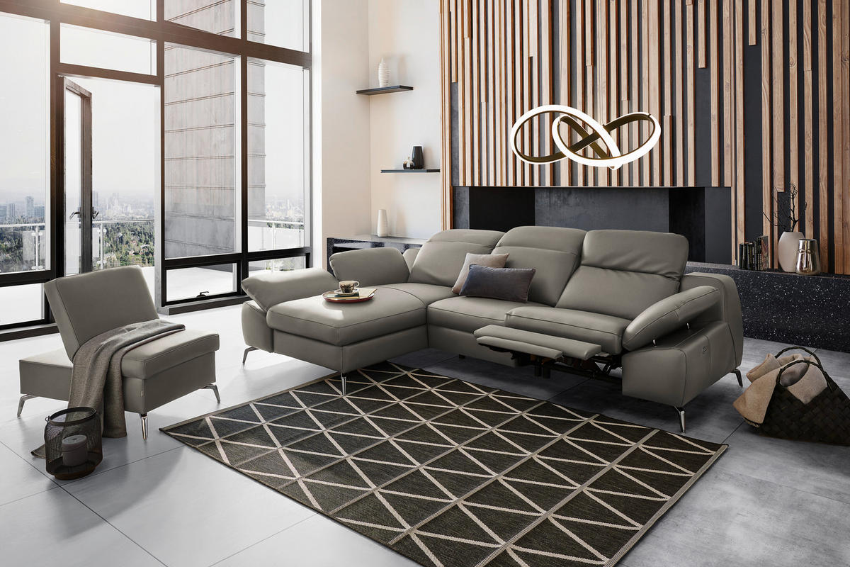 ECKSOFA in Echtleder Graubraun  183/286 cm  - Graubraun/Schwarz, Design, Leder/Metall (183/286cm) - Celina Home