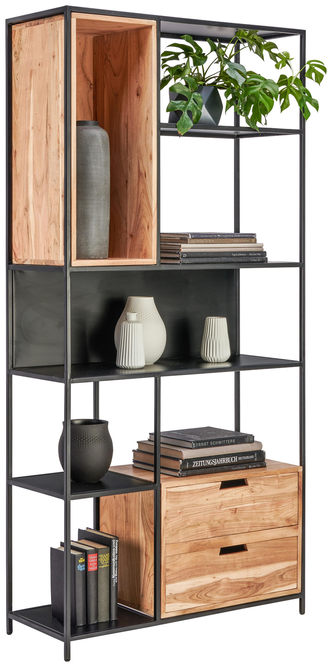 REGAL Akazie massiv Schwarz, Akaziefarben  - Schwarz/Akaziefarben, LIFESTYLE, Holz/Metall (90/185/34cm) - Landscape