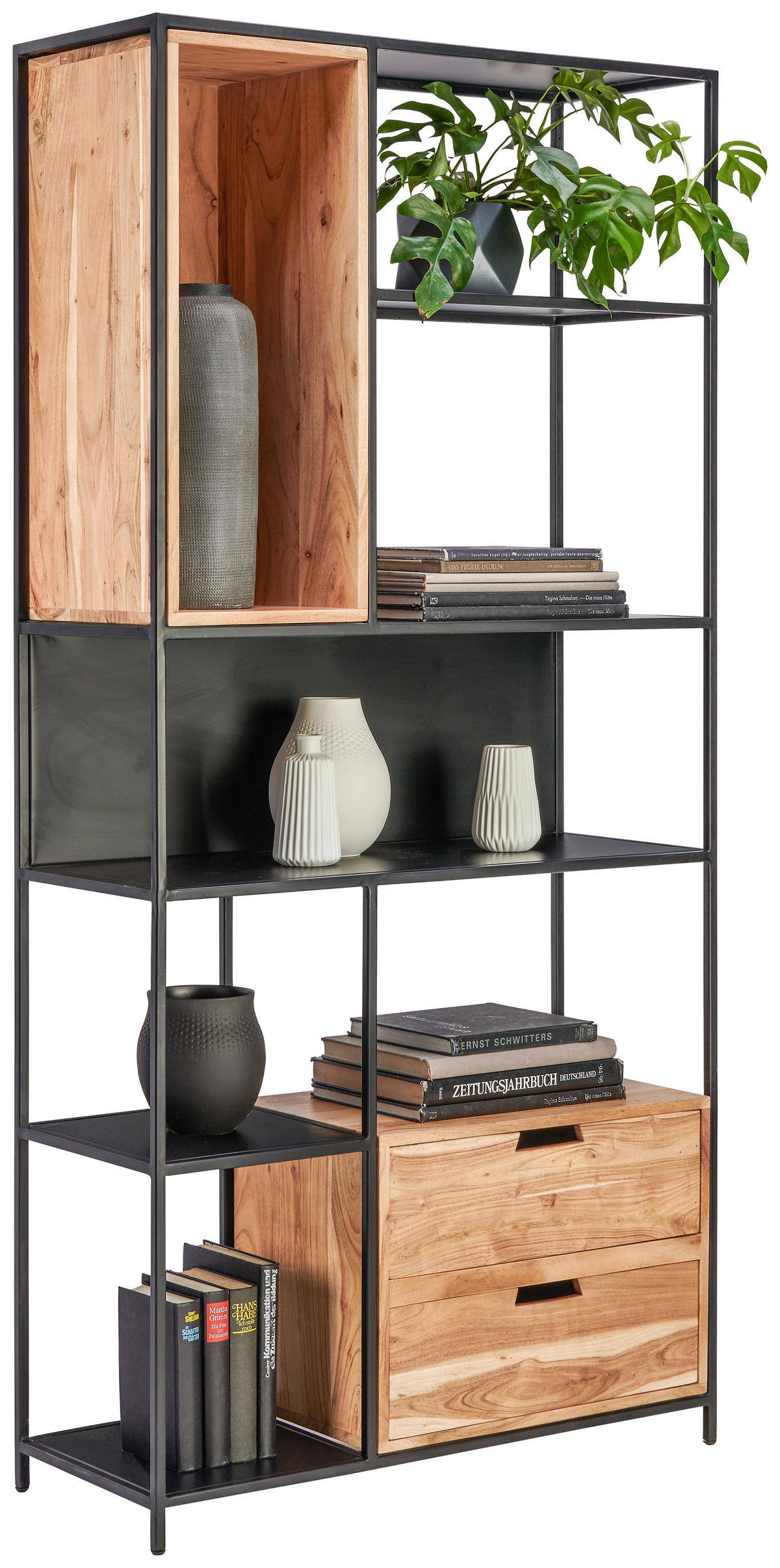 REGAL Akazie massiv Schwarz, Akaziefarben  - Schwarz/Akaziefarben, LIFESTYLE, Holz/Metall (90/185/34cm) - Landscape