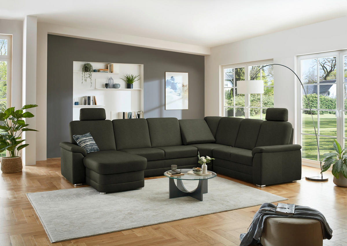 WOHNLANDSCHAFT  in Chenille Dunkelgrün  - Dunkelgrün/Alufarben, KONVENTIONELL, Holz/Textil (160/329/235cm) - Beldomo Comfort