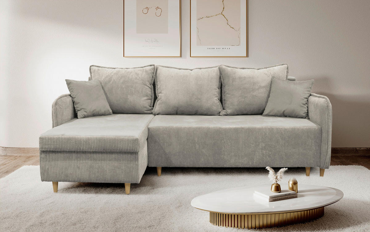 ECKSOFA TEDDY in Cord, Bouclé Grau  142/215 cm  - Naturfarben/Grau, Design, Holz/Textil (142/215cm) - MID.YOU