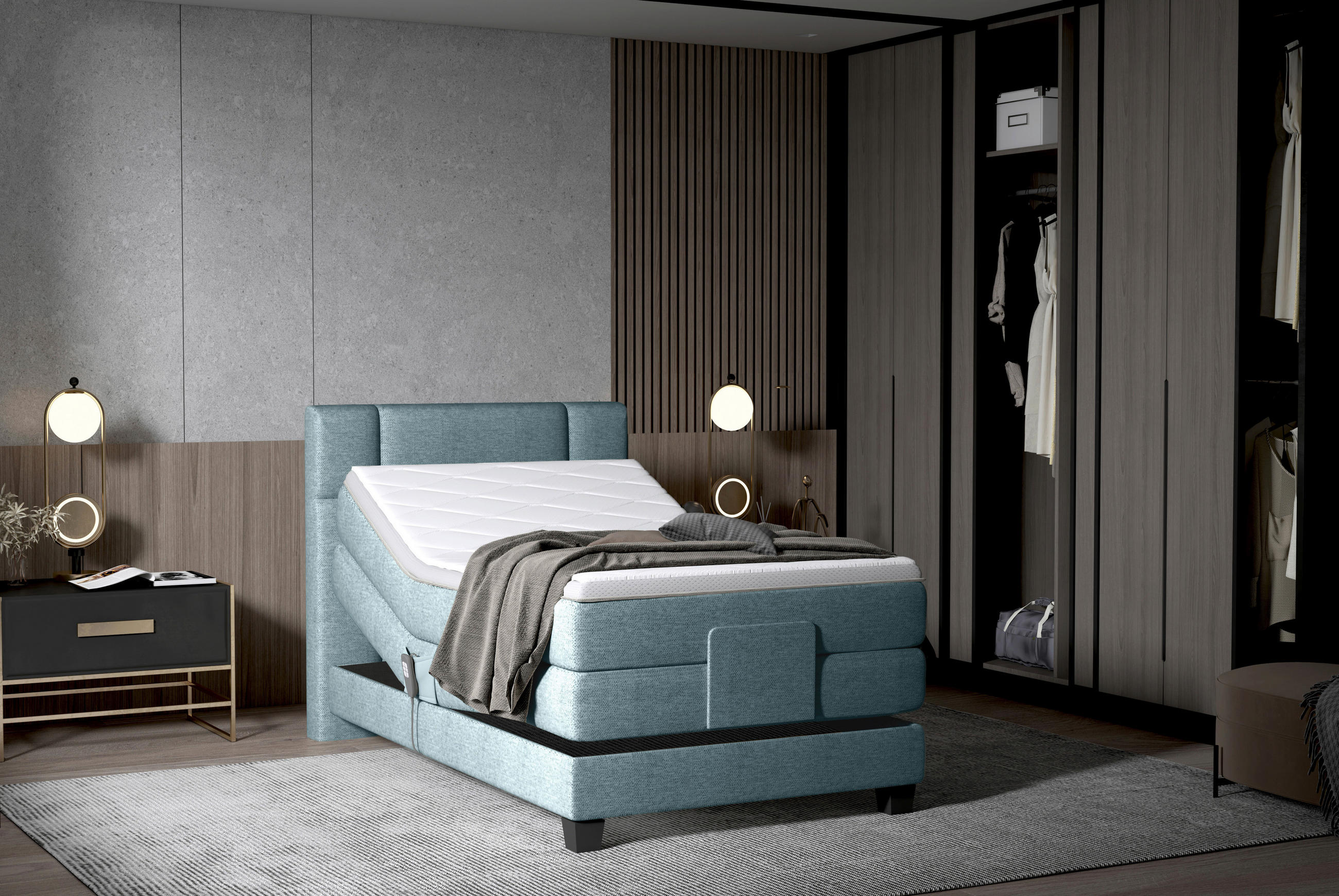 BOXSPRINGBETT 90/200 cm  in Graublau  - Graublau/Schwarz, KONVENTIONELL, Holz/Kunststoff (90/200cm) - Esposa