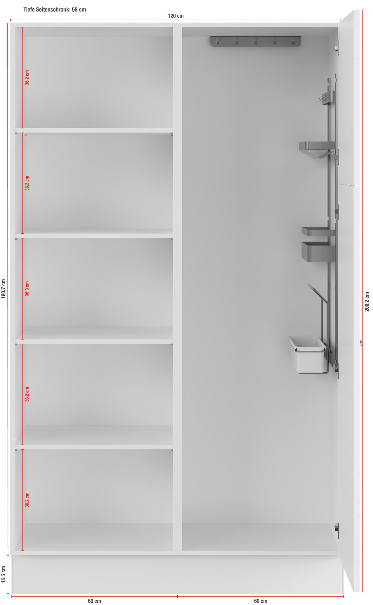 MEHRZWECKSCHRANK 120/206,2/58 cm  in Hellgrau  - Hellgrau/Schwarz, Basics, Holzwerkstoff/Metall (120/206,2/58cm) - Impuls