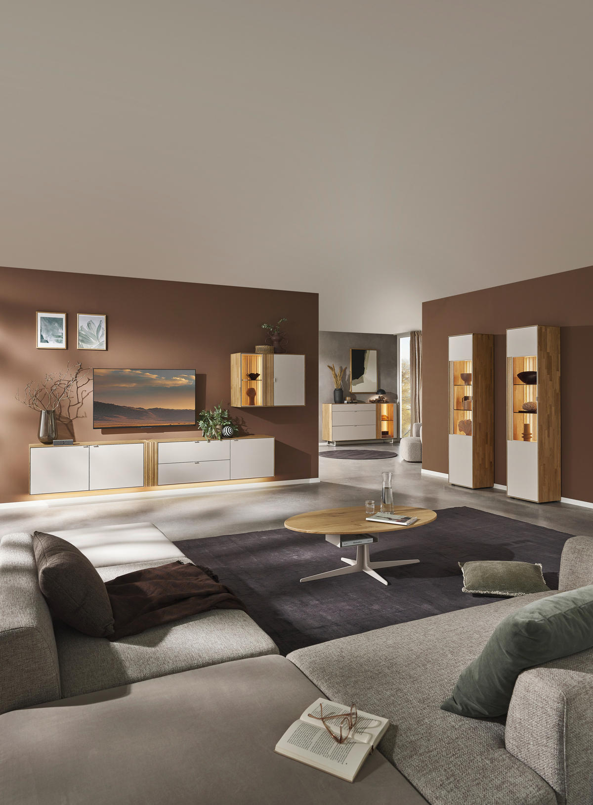 WOHNWAND  in Kaschmir, Wildeiche  333,4/179,3/37,1 cm    - Kaschmir/Wildeiche, Design, Glas/Holz (333,4/179,3/37,1cm) - Dieter Knoll