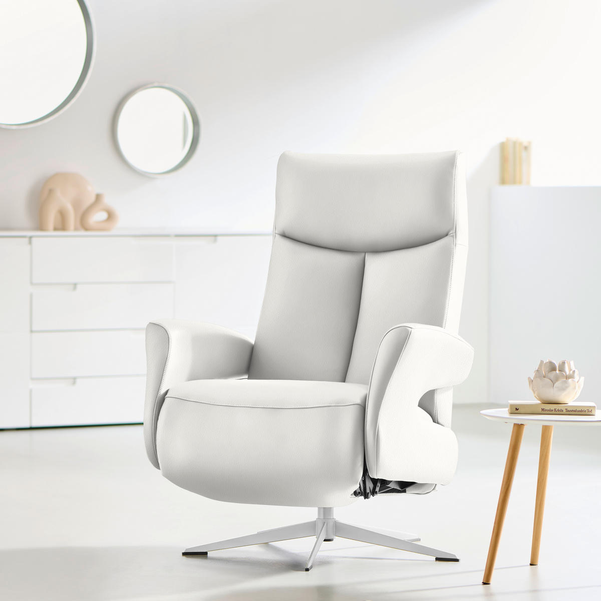 RELAXSESSEL Echtleder Relaxfunktion    - Chromfarben/Weiß, Design, Leder/Metall (74/105/82cm) - Welnova