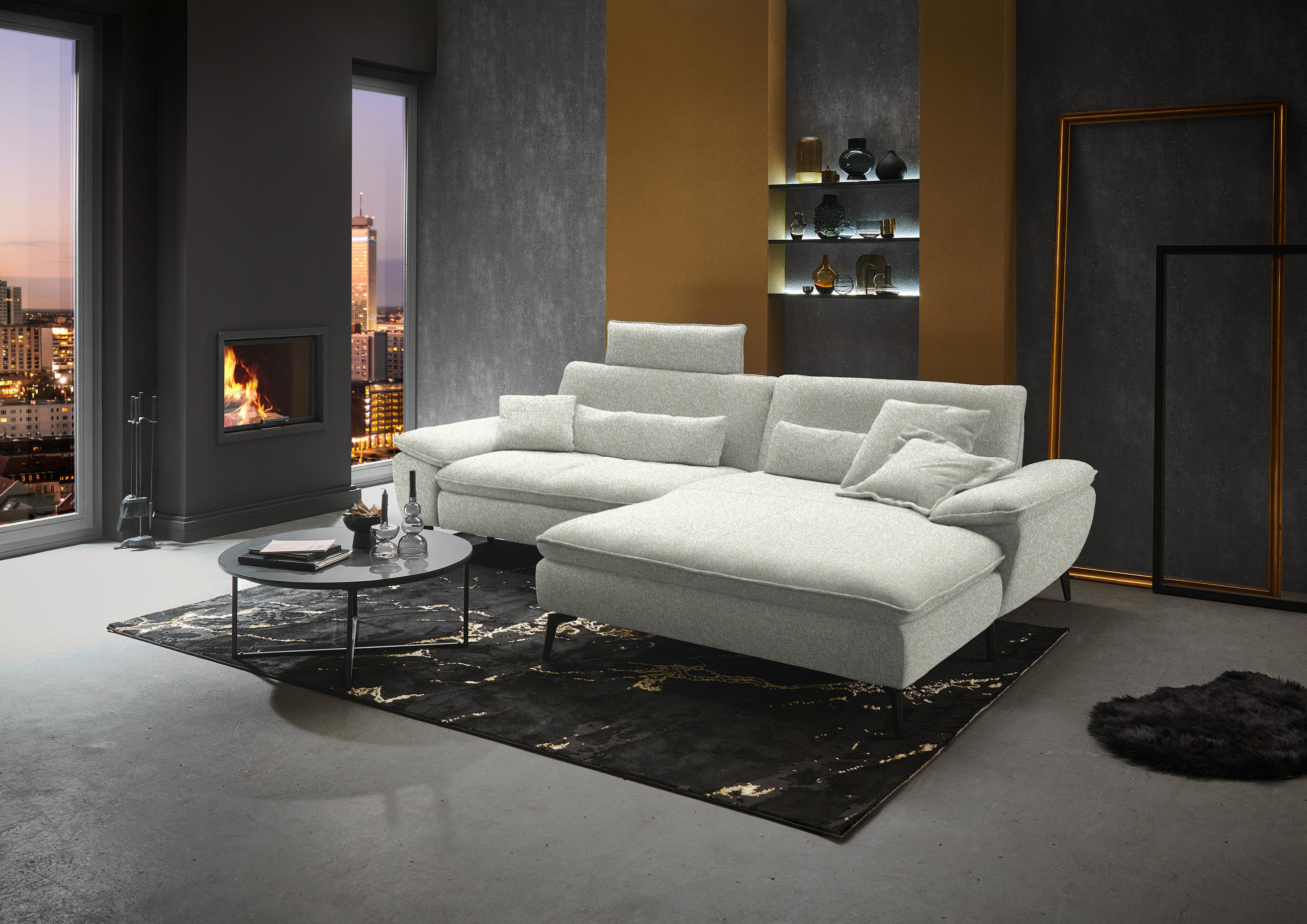 ECKSOFA in Webstoff Naturfarben  295/197 cm  - Schwarz/Naturfarben, Design, Textil/Metall (295/197cm) - Valdera