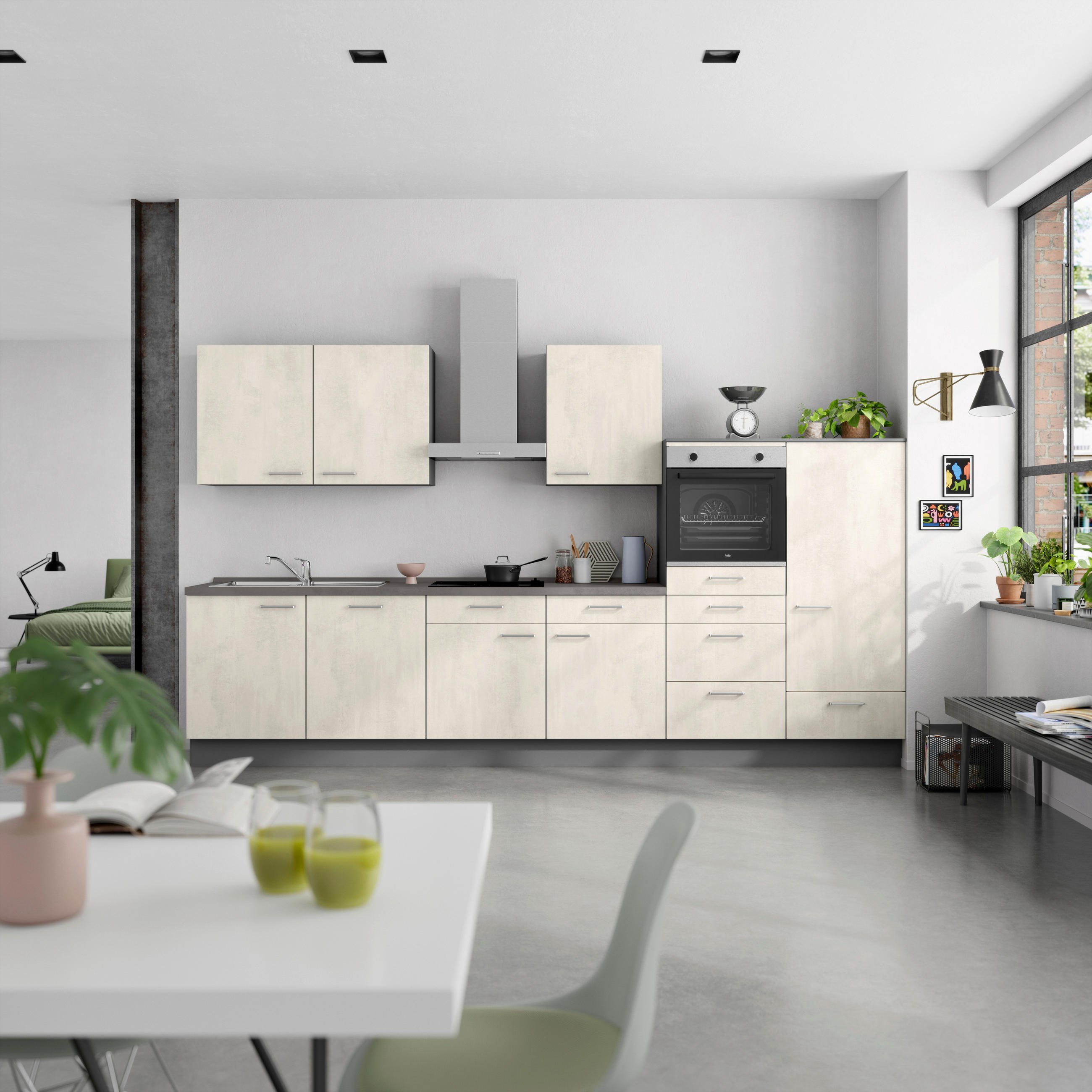 KÜCHENBLOCK Riva 360 cm  in Weiß, Schieferfarben  - Schieferfarben/Edelstahlfarben, MODERN, Holzwerkstoff/Metall (360cm) - Nobilia