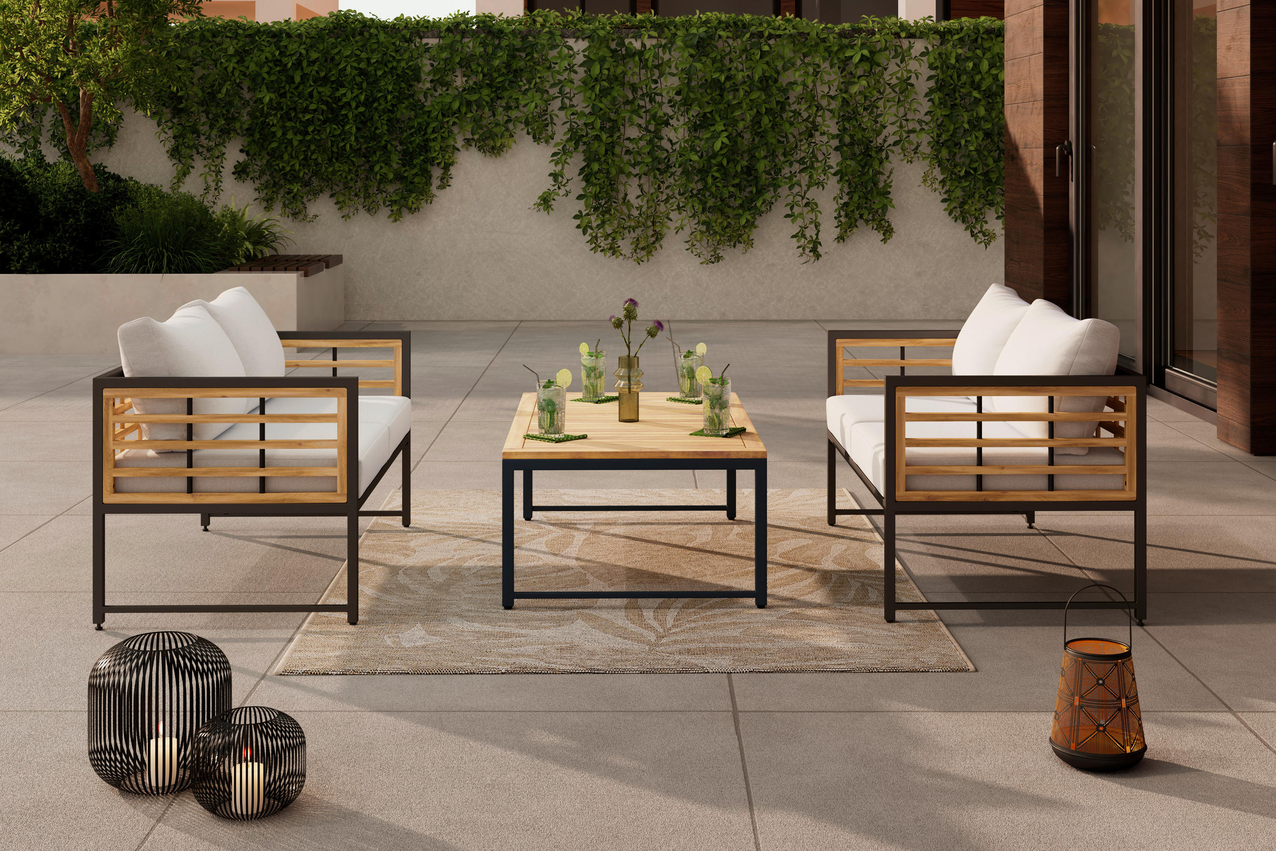 LOUNGESOFA 125/67,5/63,5 cm Akazie vollmassiv Stahl - Schwarz/Naturfarben, MODERN, Holz/Textil (125/67,5/63,5cm) - Ambia Garden