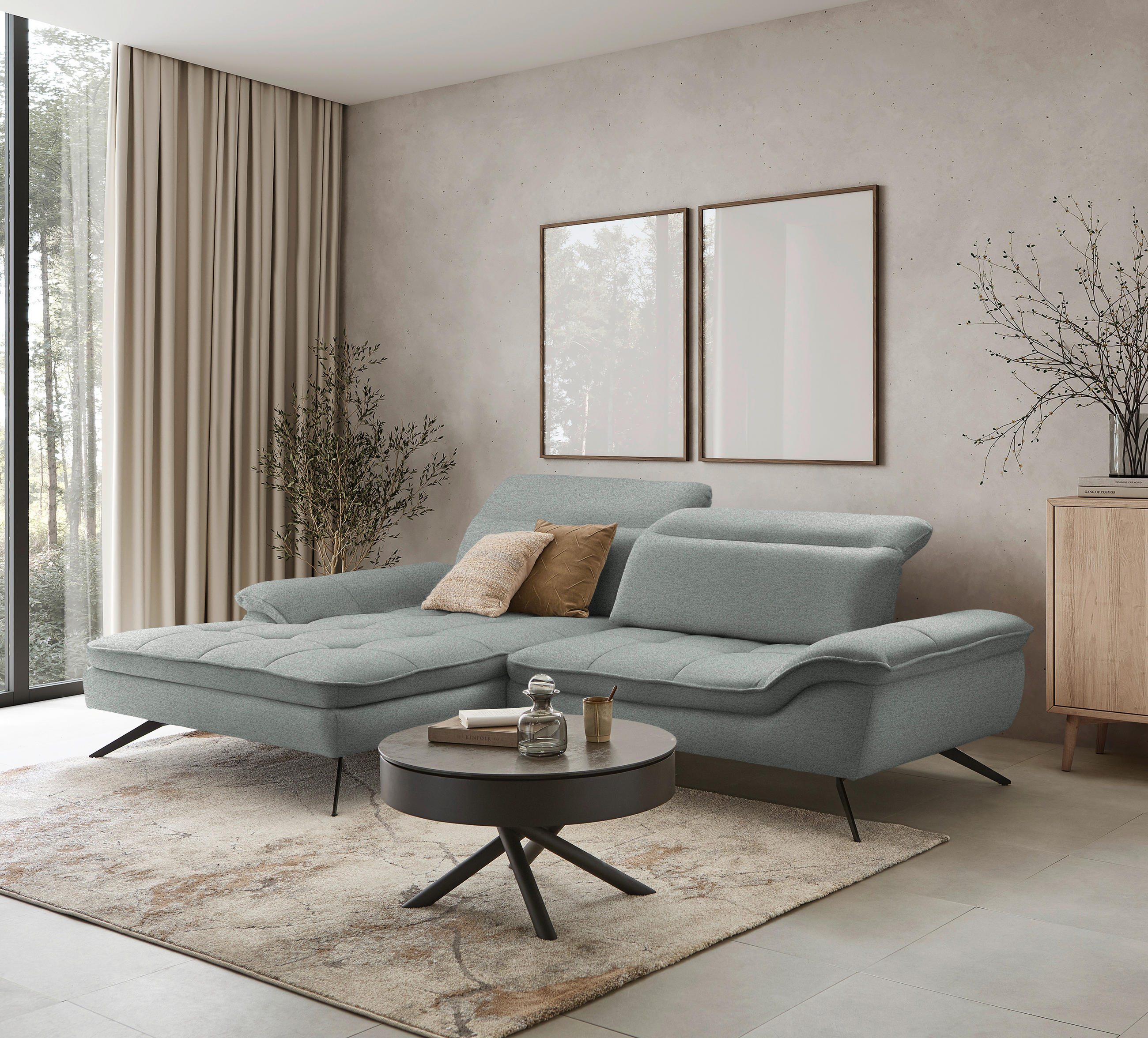 ECKSOFA inkl. Funktionen Hellgrau Chenille  - Hellgrau/Schwarz, Design, Textil/Metall (179-202/288cm) - Stylife