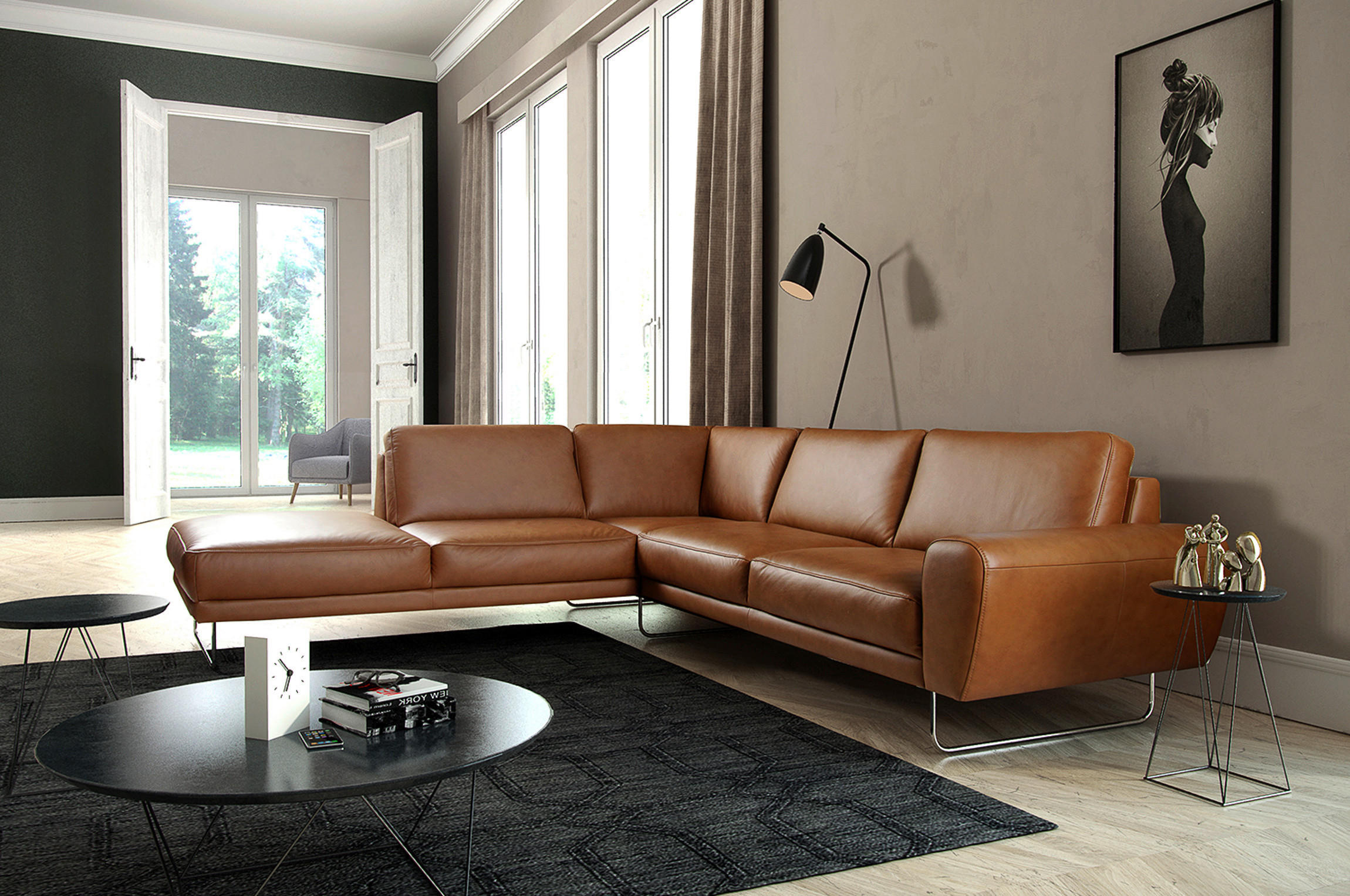P & B Ecksofa Spring Chrom, Cognac 273x250 cm
