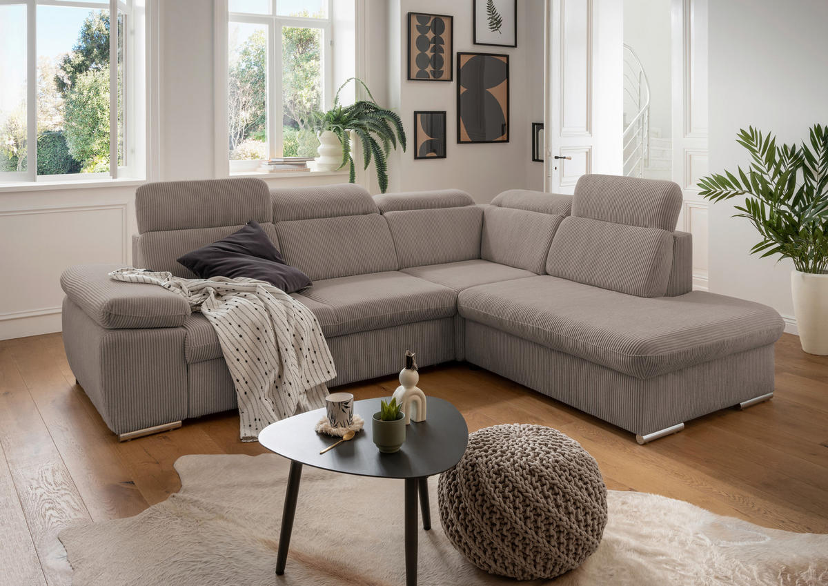 ECKSOFA Graubraun Cord  - Chromfarben/Graubraun, Design, Textil/Metall (283/228cm) - Livetastic
