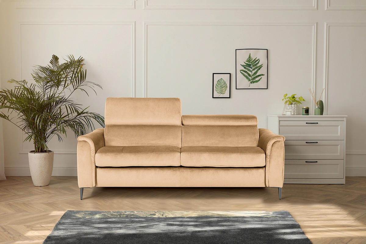 SCHLAFSOFA Samt Beige Rücken echt, Liegefunktion  - Beige/Schwarz, Design, Textil/Metall (203/77-98/103cm) - MID.YOU